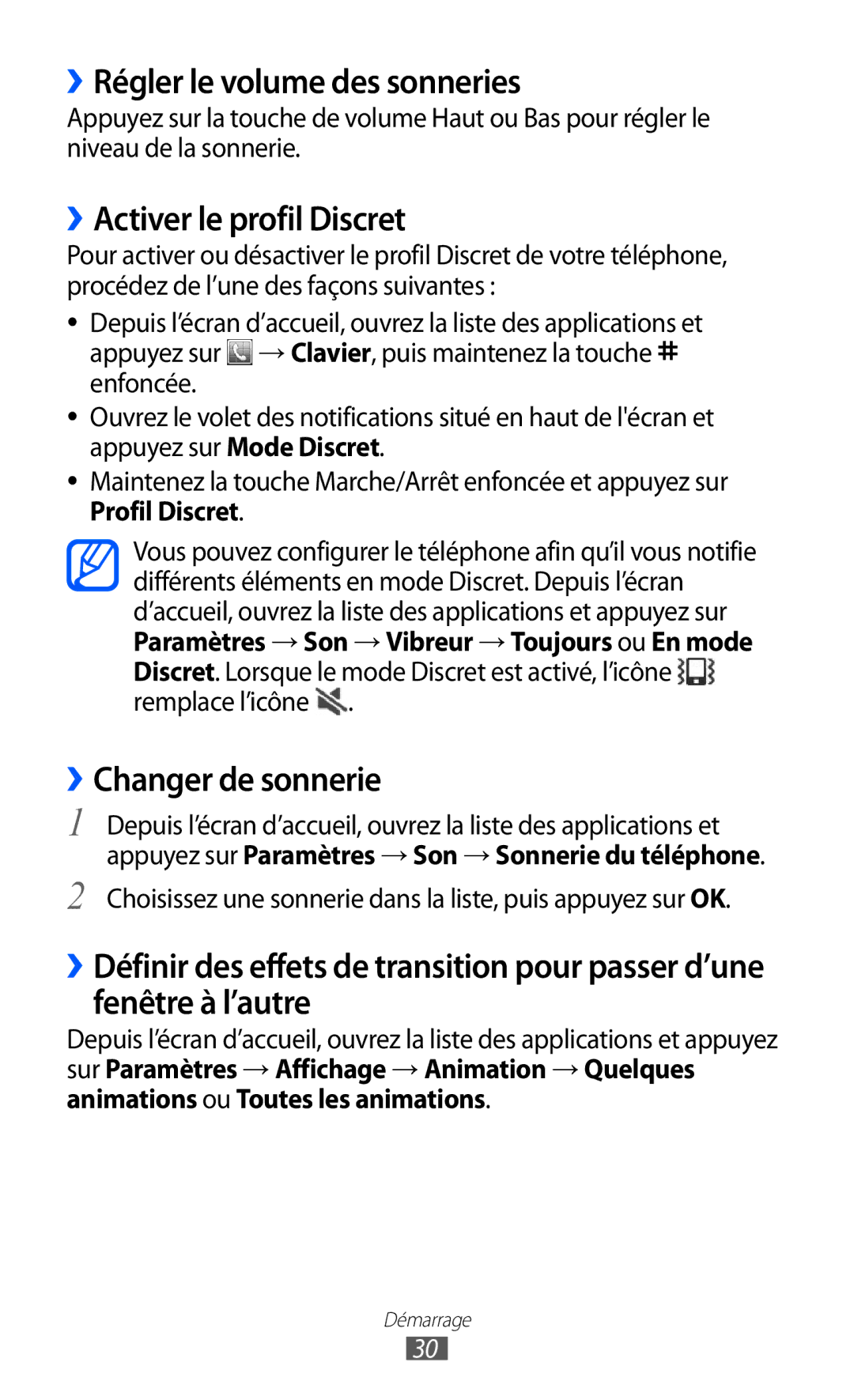 Samsung GT-S6500ZYAFTM manual ››Régler le volume des sonneries, ››Activer le profil Discret, ››Changer de sonnerie 