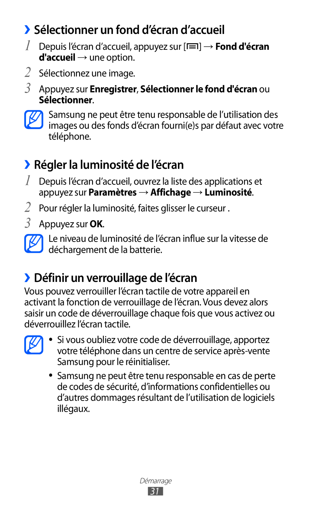 Samsung GT-S6500XKAFTM, GT-S6500HAAXEF manual ››Sélectionner un fond d’écran d’accueil, ››Régler la luminosité de l’écran 