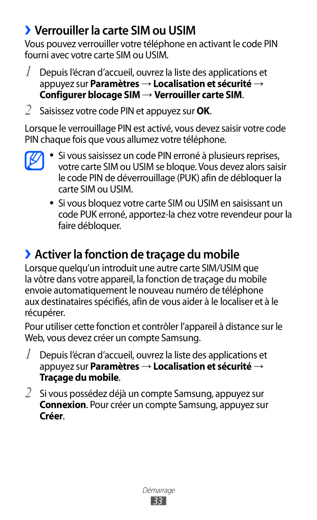 Samsung GT-S6500HAASFR, GT-S6500HAAXEF manual ››Verrouiller la carte SIM ou Usim, ››Activer la fonction de traçage du mobile 