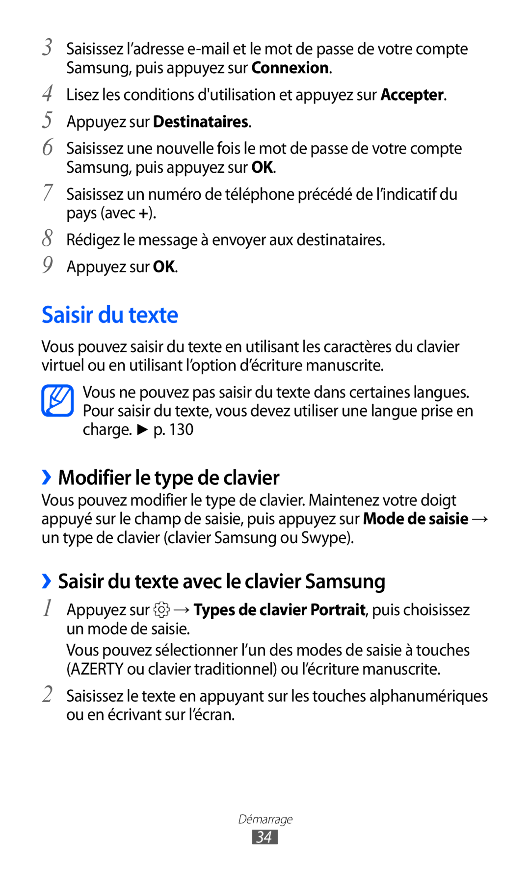 Samsung GT-S6500ZYASFR, GT-S6500HAAXEF manual ››Modifier le type de clavier, ››Saisir du texte avec le clavier Samsung 