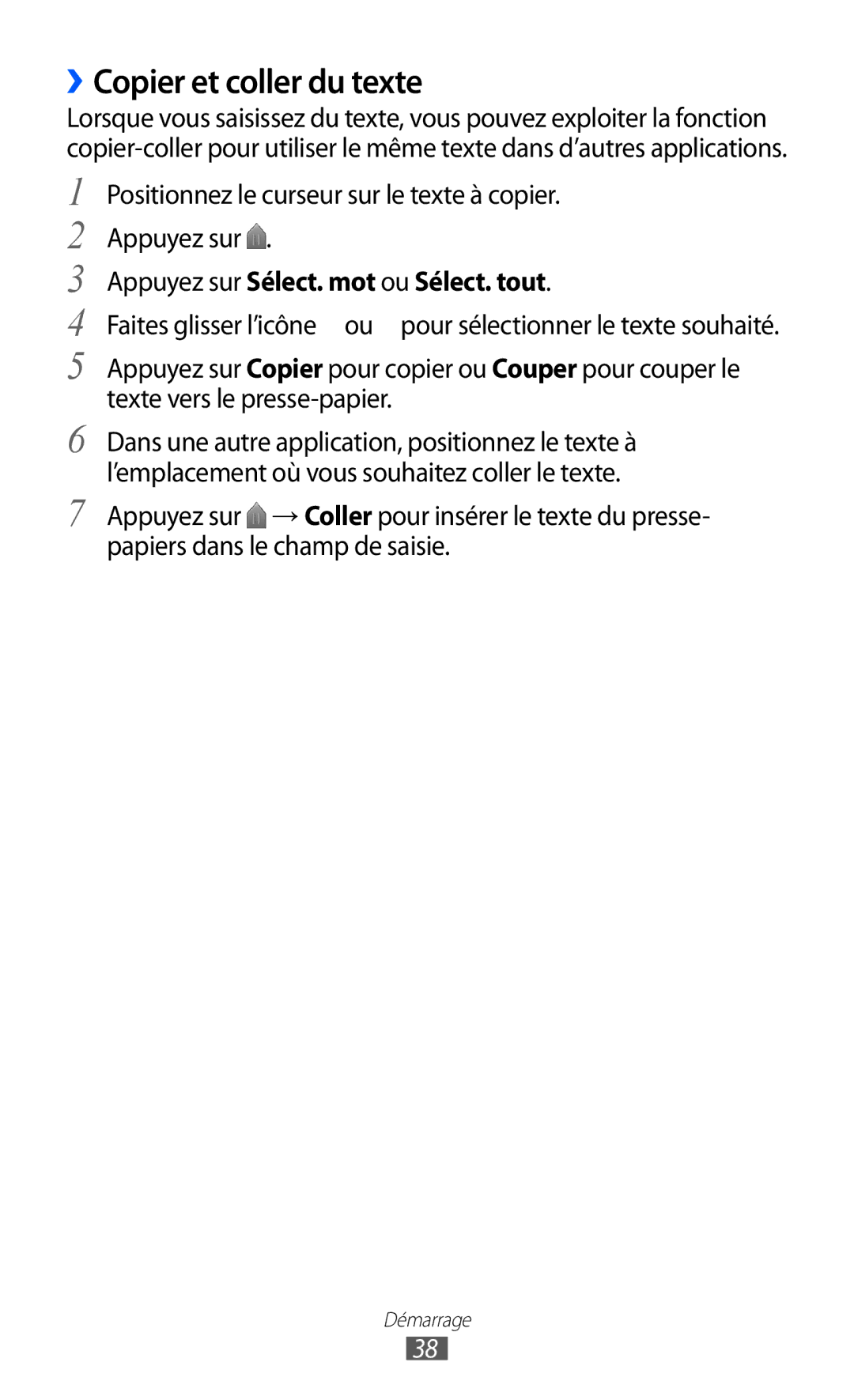 Samsung GT-S6500ZYAXEF manual ››Copier et coller du texte, Positionnez le curseur sur le texte à copier Appuyez sur 