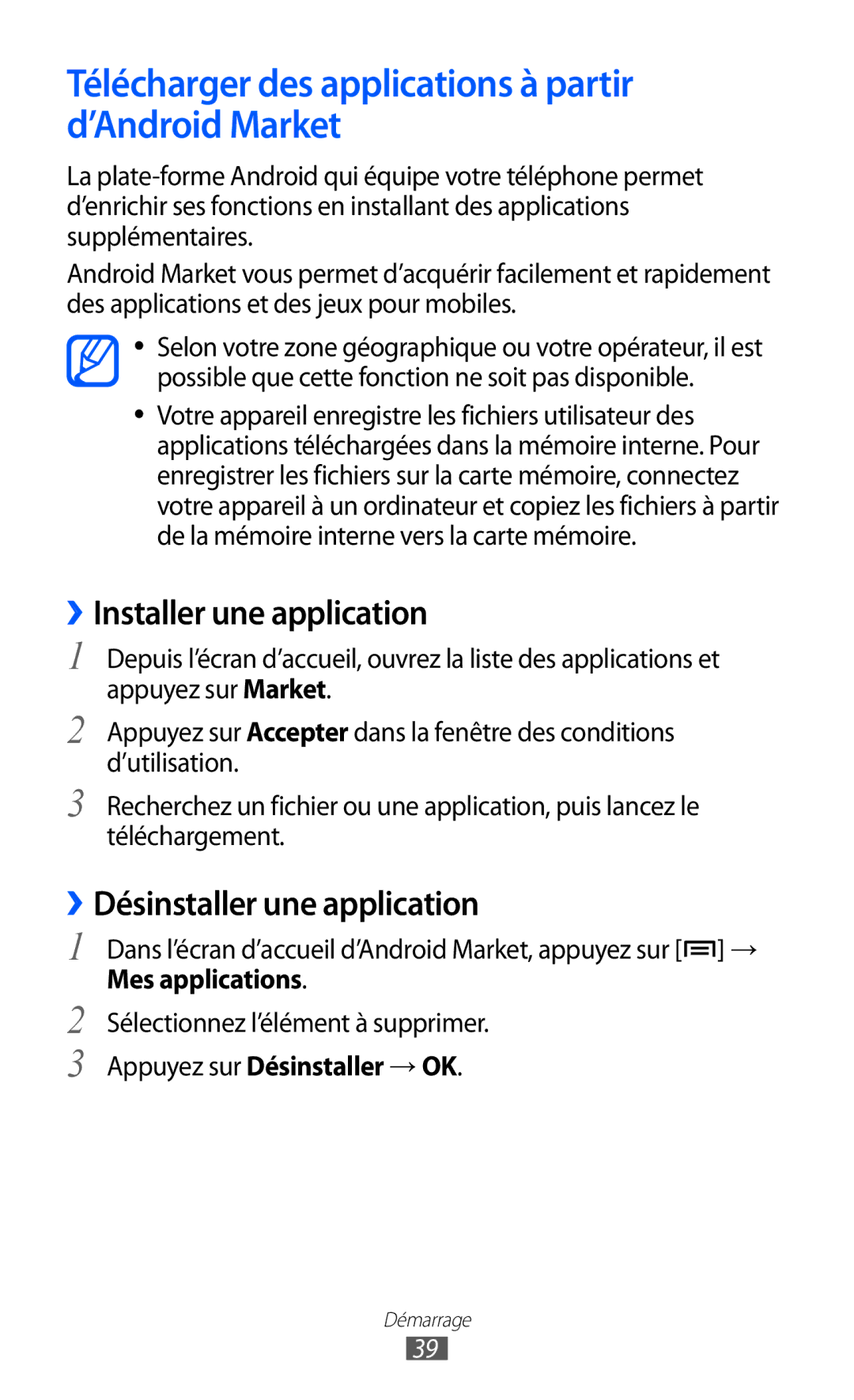 Samsung GT-S6500ZYAFTM, GT-S6500HAAXEF Télécharger des applications à partir d’Android Market, ››Installer une application 