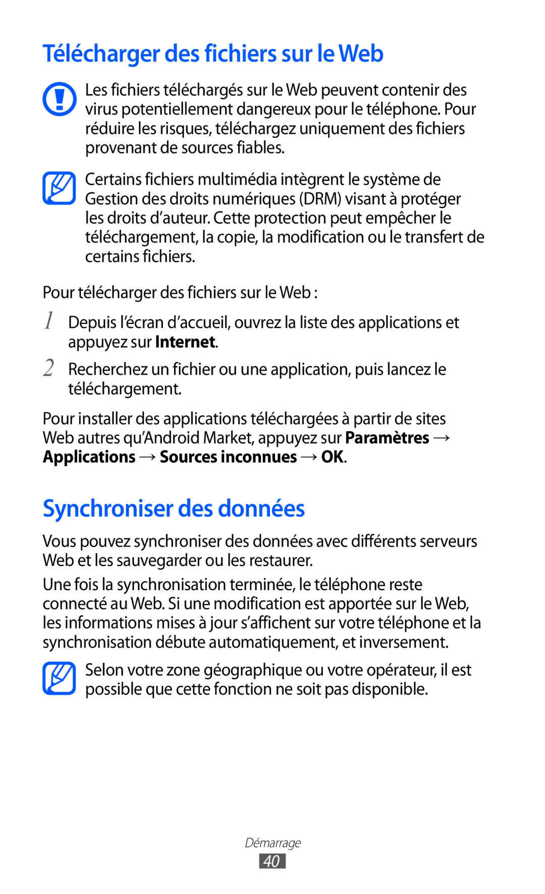 Samsung GT-S6500XKAFTM, GT-S6500HAAXEF, GT-S6500XKSNRJ manual Télécharger des fichiers sur le Web, Synchroniser des données 