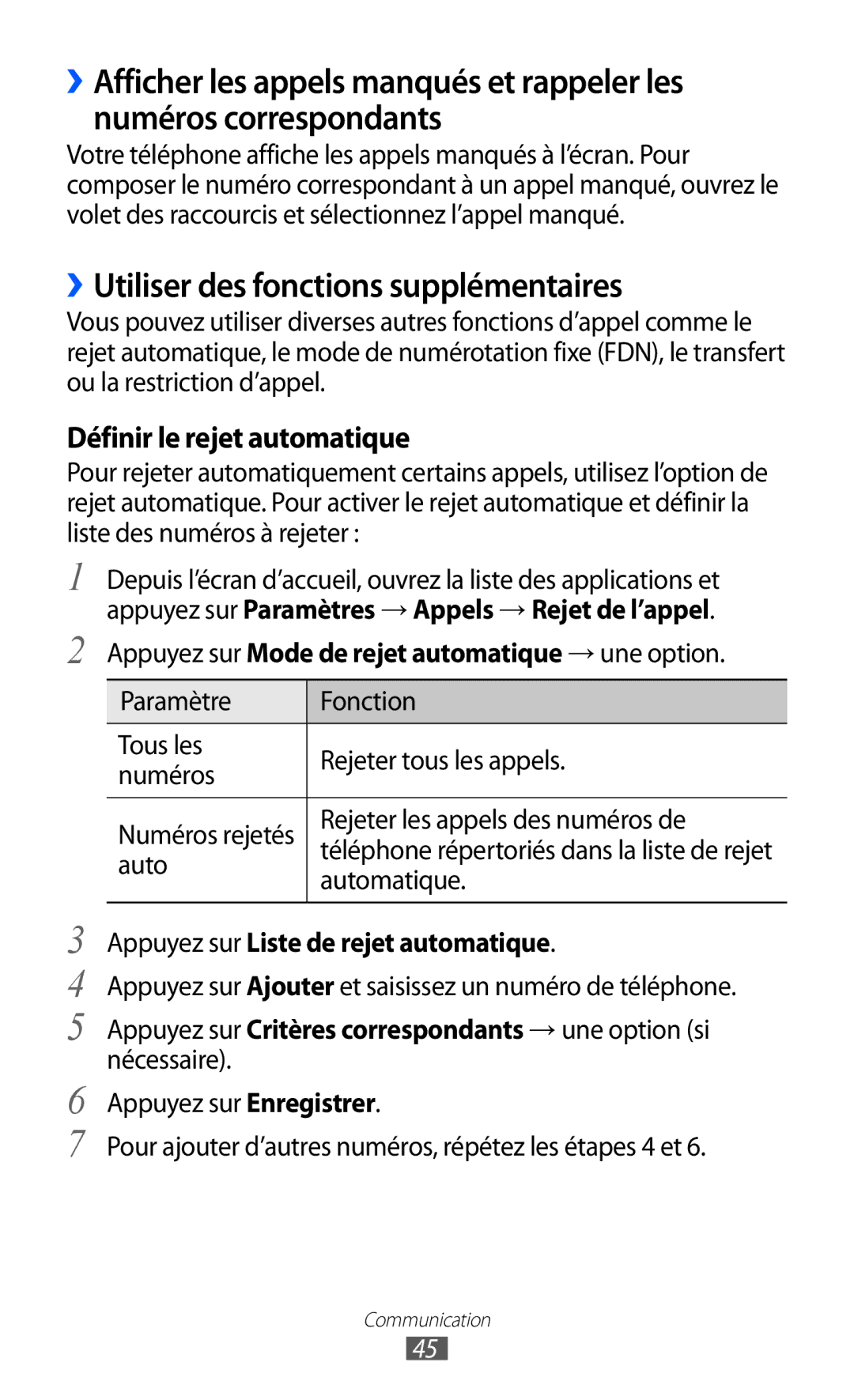 Samsung GT-S6500HAAXEF manual ››Utiliser des fonctions supplémentaires, Appuyez sur Mode de rejet automatique → une option 