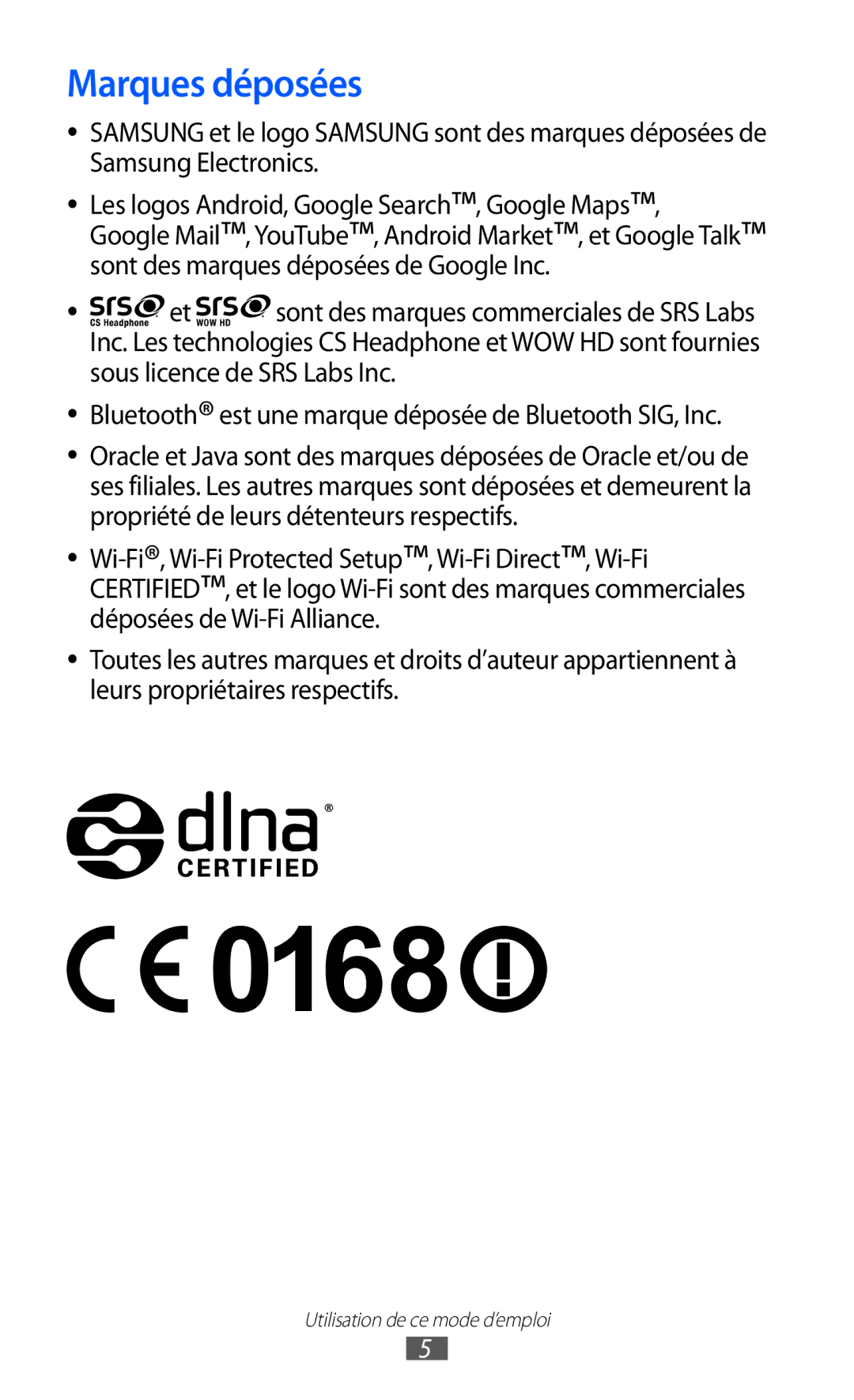 Samsung GT-S6500XKSXEF, GT-S6500HAAXEF, GT-S6500XKSNRJ, GT-S6500ZYAXEF, GT-S6500ZYAFTM, GT-S6500XKAFTM manual Marques déposées 