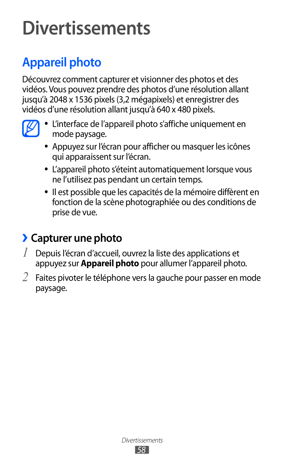 Samsung GT-S6500XKAFTM, GT-S6500HAAXEF, GT-S6500XKSNRJ, GT-S6500ZYAXEF Divertissements, Appareil photo, ››Capturer une photo 