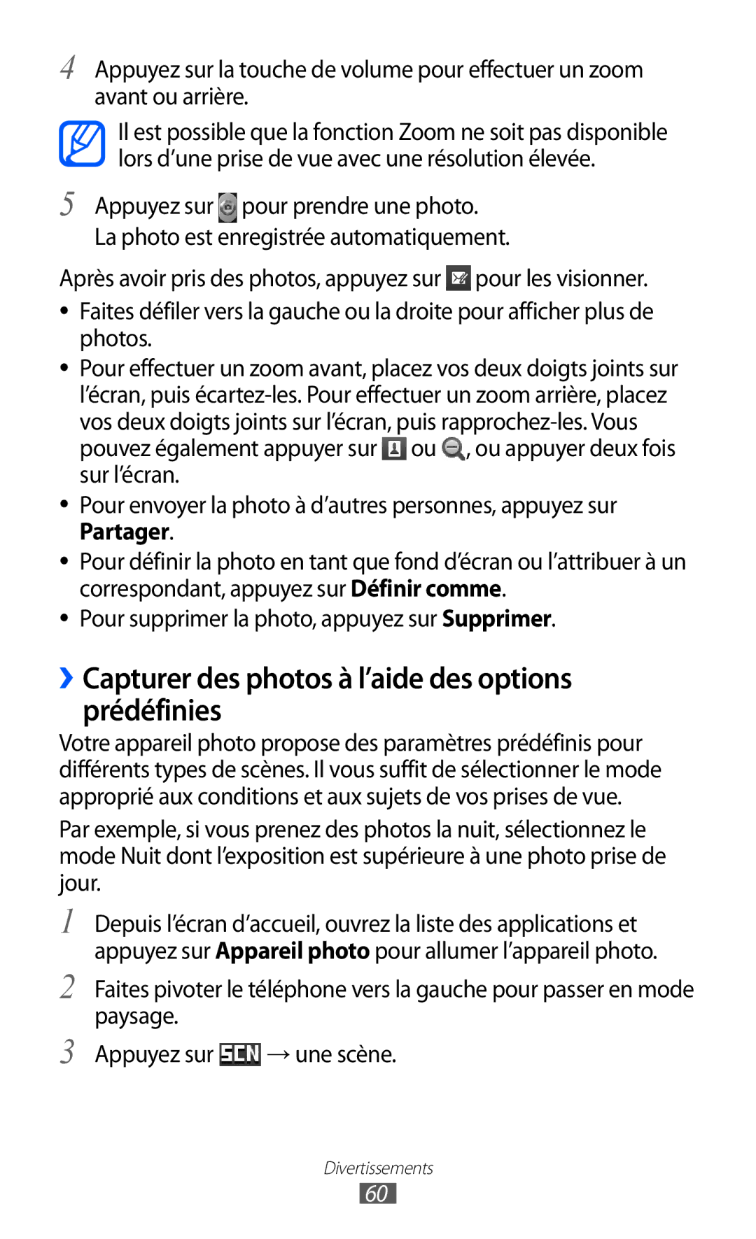 Samsung GT-S6500HAASFR, GT-S6500HAAXEF, GT-S6500XKSNRJ manual ››Capturer des photos à l’aide des options prédéfinies 