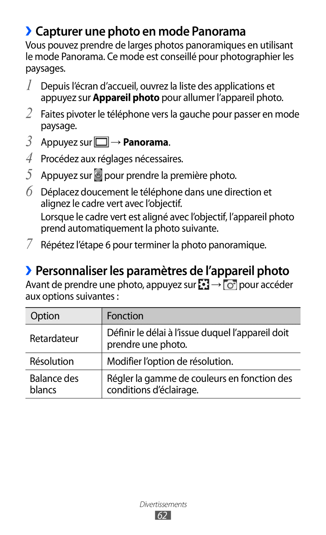 Samsung GT-S6500XKSFTM manual ››Capturer une photo en mode Panorama, Répétez l’étape 6 pour terminer la photo panoramique 