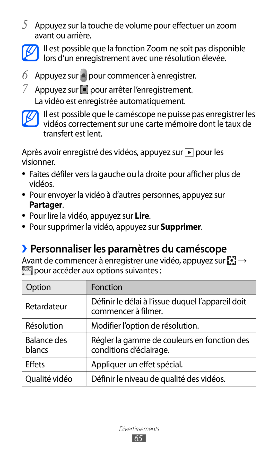 Samsung GT-S6500ZYAXEF, GT-S6500HAAXEF, GT-S6500XKSNRJ manual ››Personnaliser les paramètres du caméscope, Commencer à filmer 