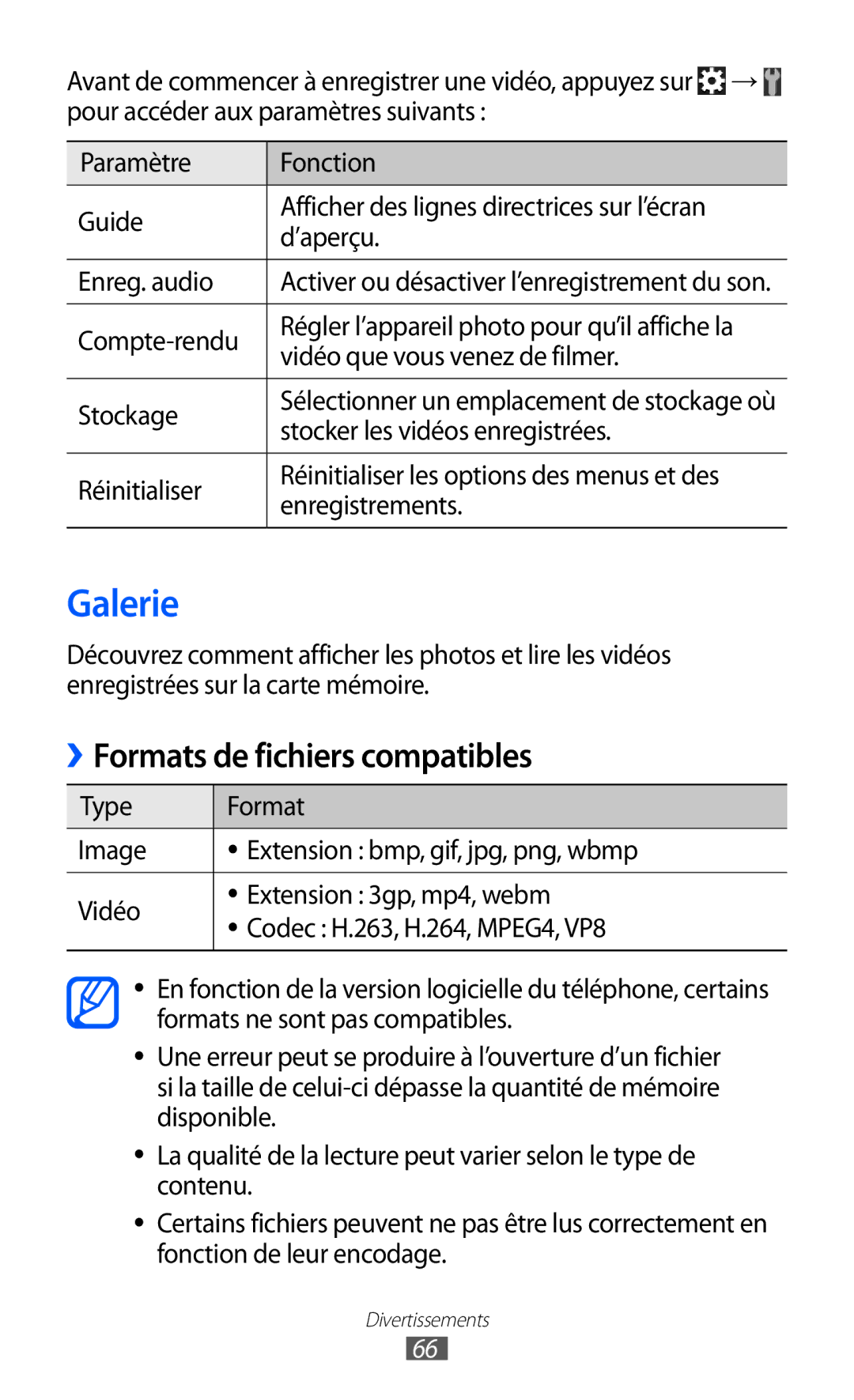 Samsung GT-S6500ZYAFTM manual Galerie, ››Formats de fichiers compatibles, Vidéo que vous venez de filmer, Enregistrements 