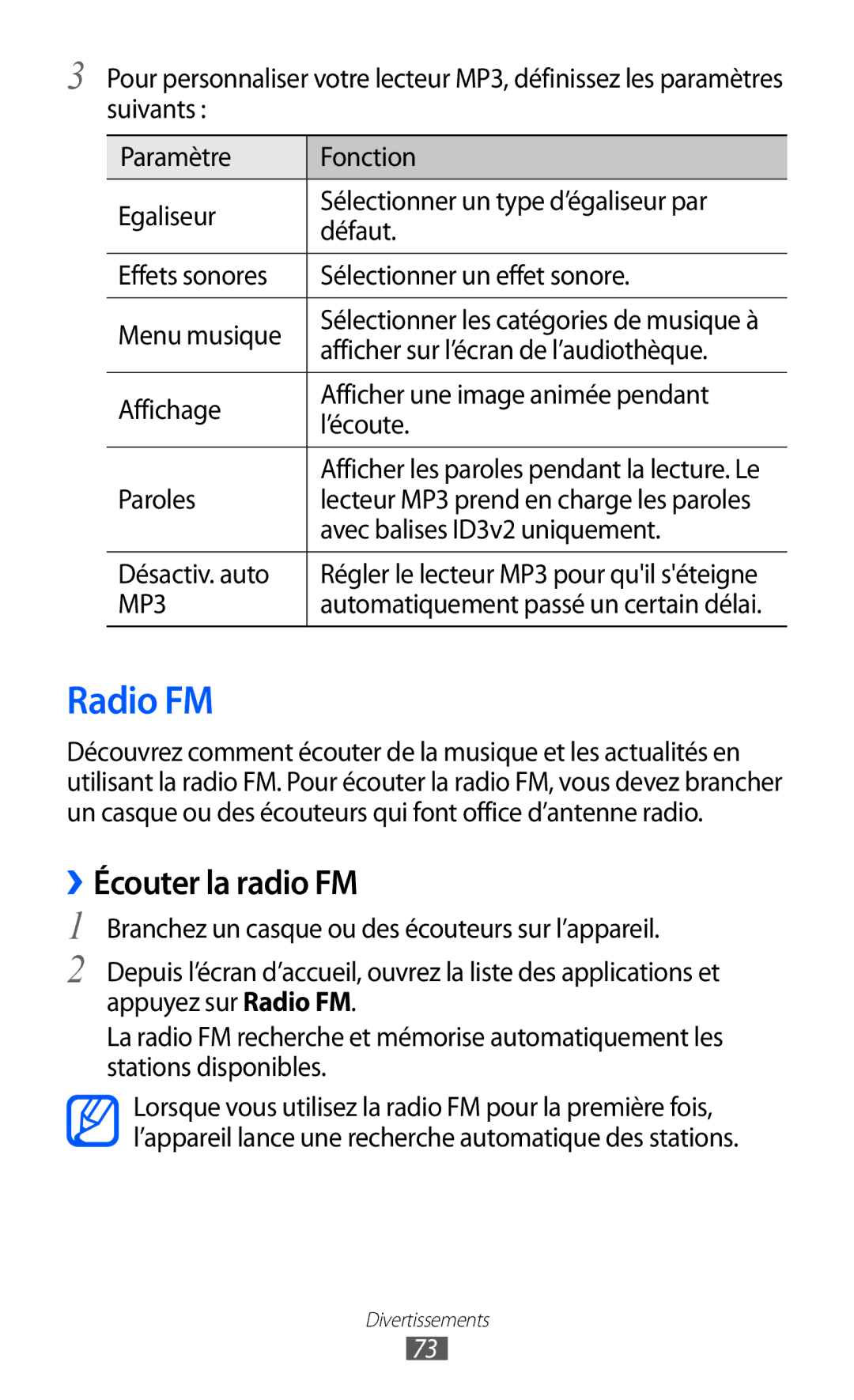 Samsung GT-S6500XKSNRJ, GT-S6500HAAXEF, GT-S6500ZYAXEF, GT-S6500ZYAFTM, GT-S6500XKAFTM manual Radio FM, ››Écouter la radio FM 