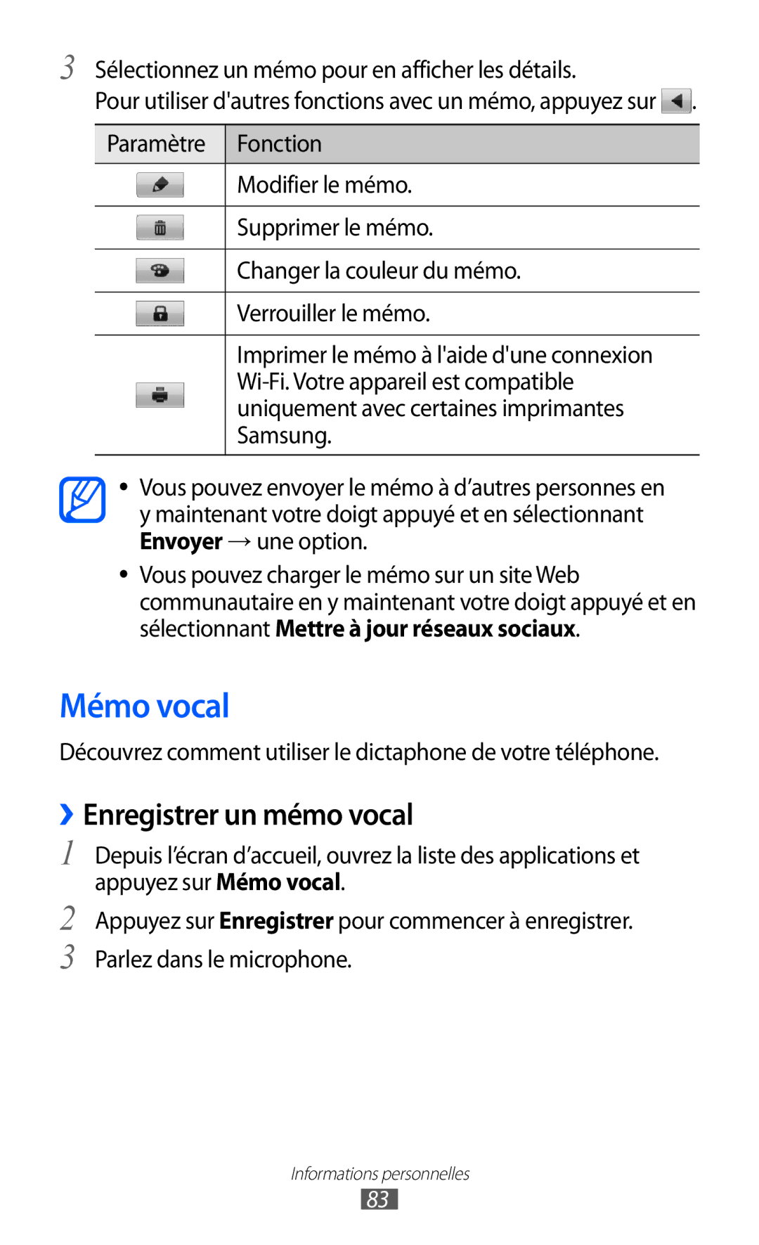 Samsung GT-S6500ZYAXEF manual Mémo vocal, ››Enregistrer un mémo vocal, Sélectionnez un mémo pour en afficher les détails 