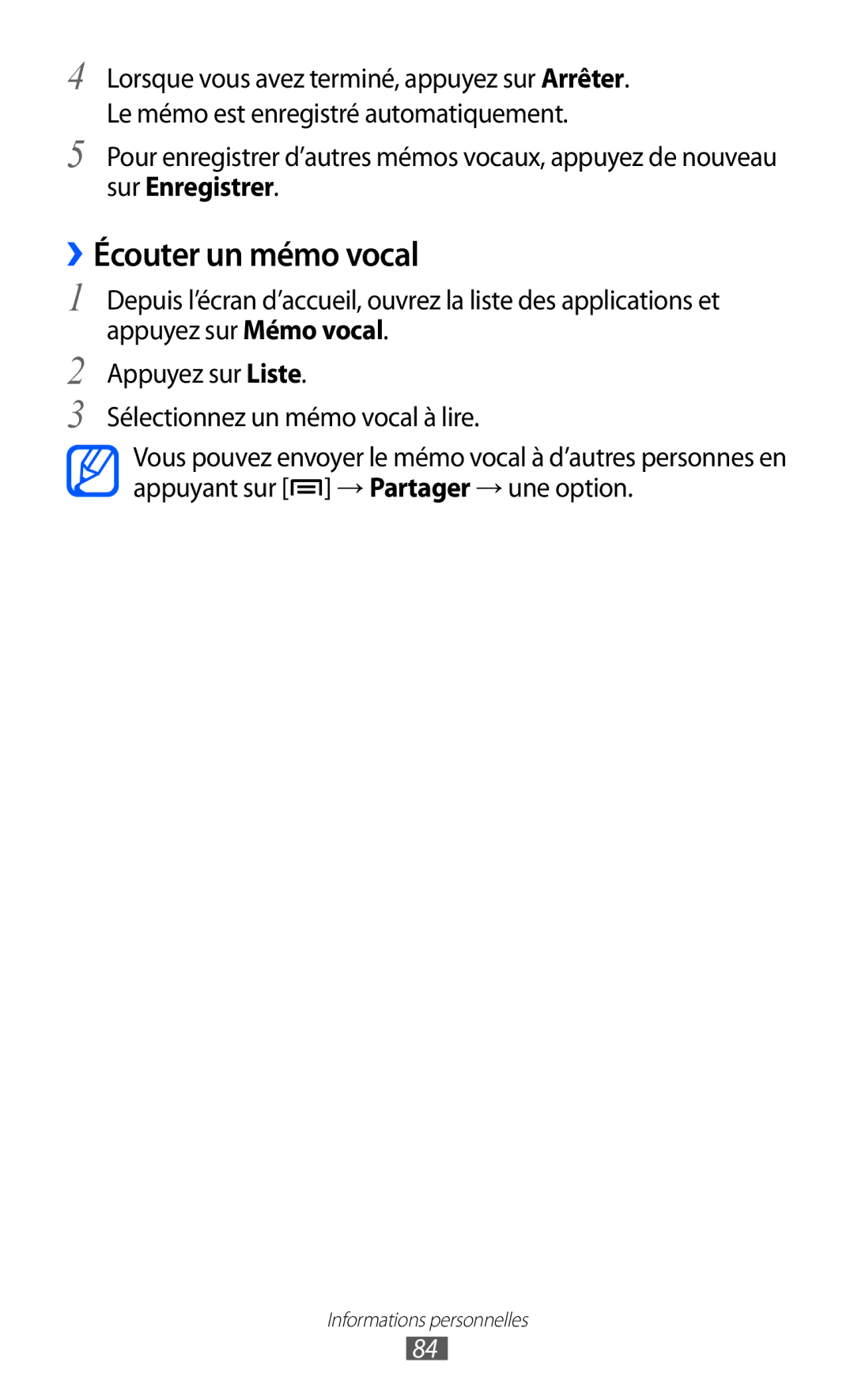 Samsung GT-S6500ZYAFTM, GT-S6500HAAXEF, GT-S6500XKSNRJ, GT-S6500ZYAXEF manual ››Écouter un mémo vocal, Sur Enregistrer 