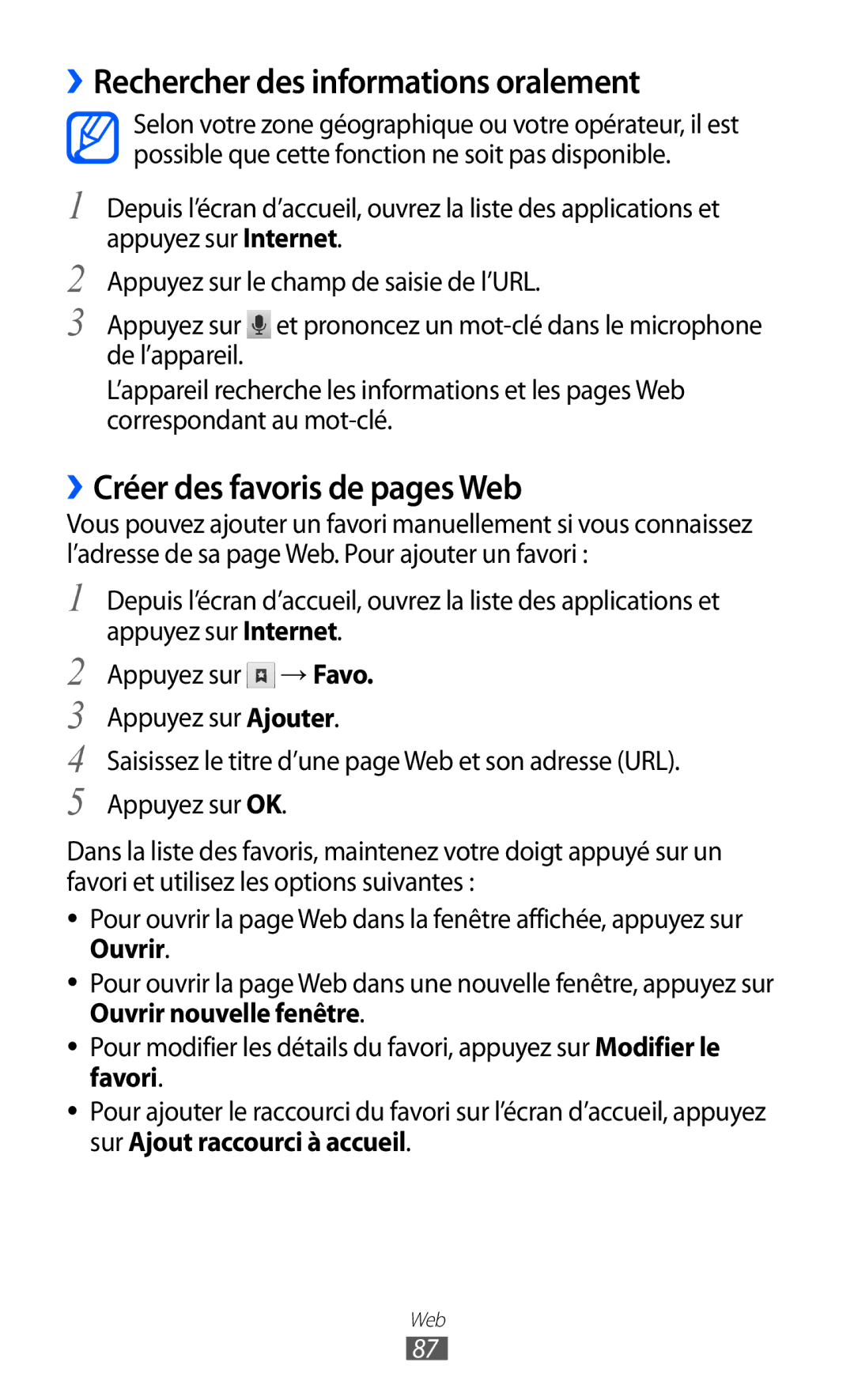 Samsung GT-S6500HAASFR, GT-S6500HAAXEF manual ››Rechercher des informations oralement, ››Créer des favoris de pages Web 