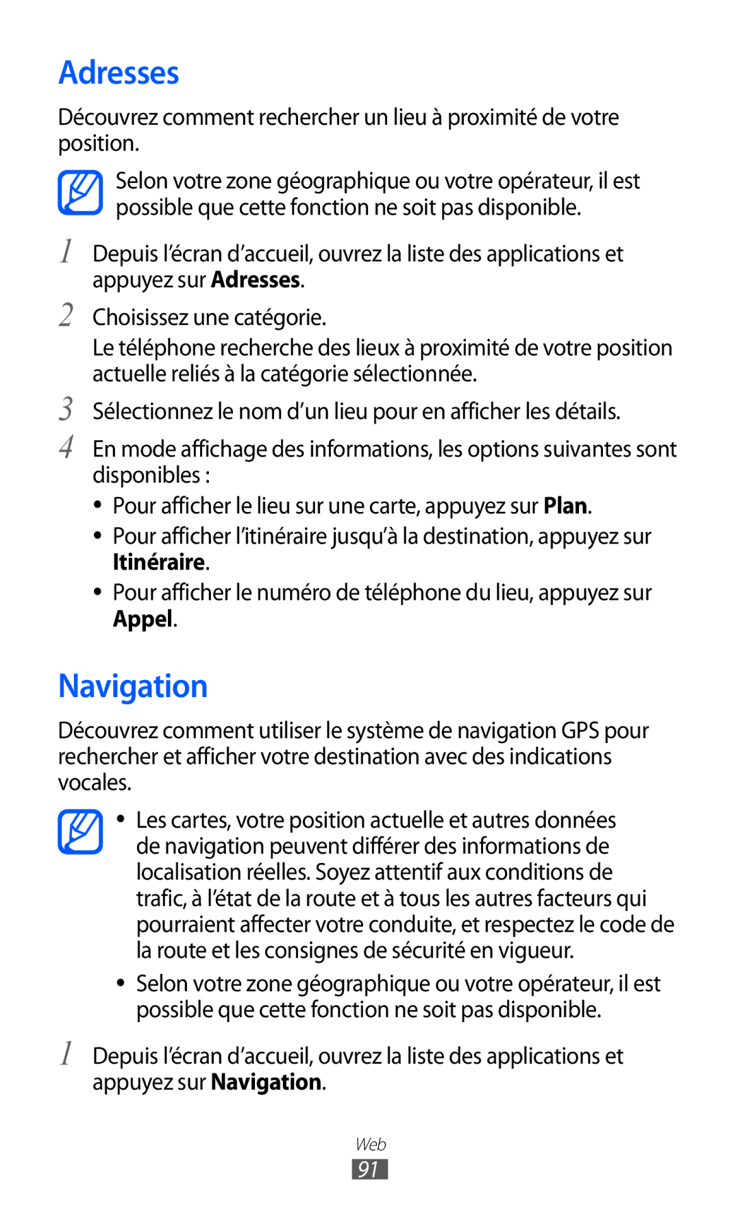 Samsung GT-S6500XKSNRJ, GT-S6500HAAXEF, GT-S6500ZYAXEF, GT-S6500ZYAFTM, GT-S6500XKAFTM, GT-S6500XKSXEF Adresses, Navigation 