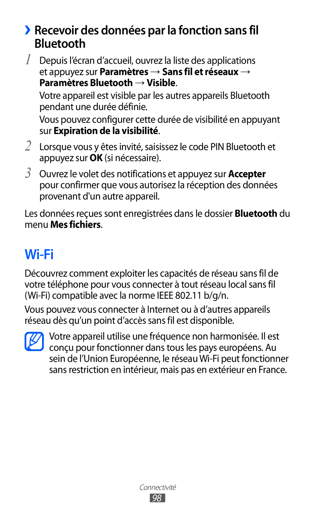 Samsung GT-S6500XKSFTM, GT-S6500HAAXEF, GT-S6500XKSNRJ Wi-Fi, ››Recevoir des données par la fonction sans fil Bluetooth 