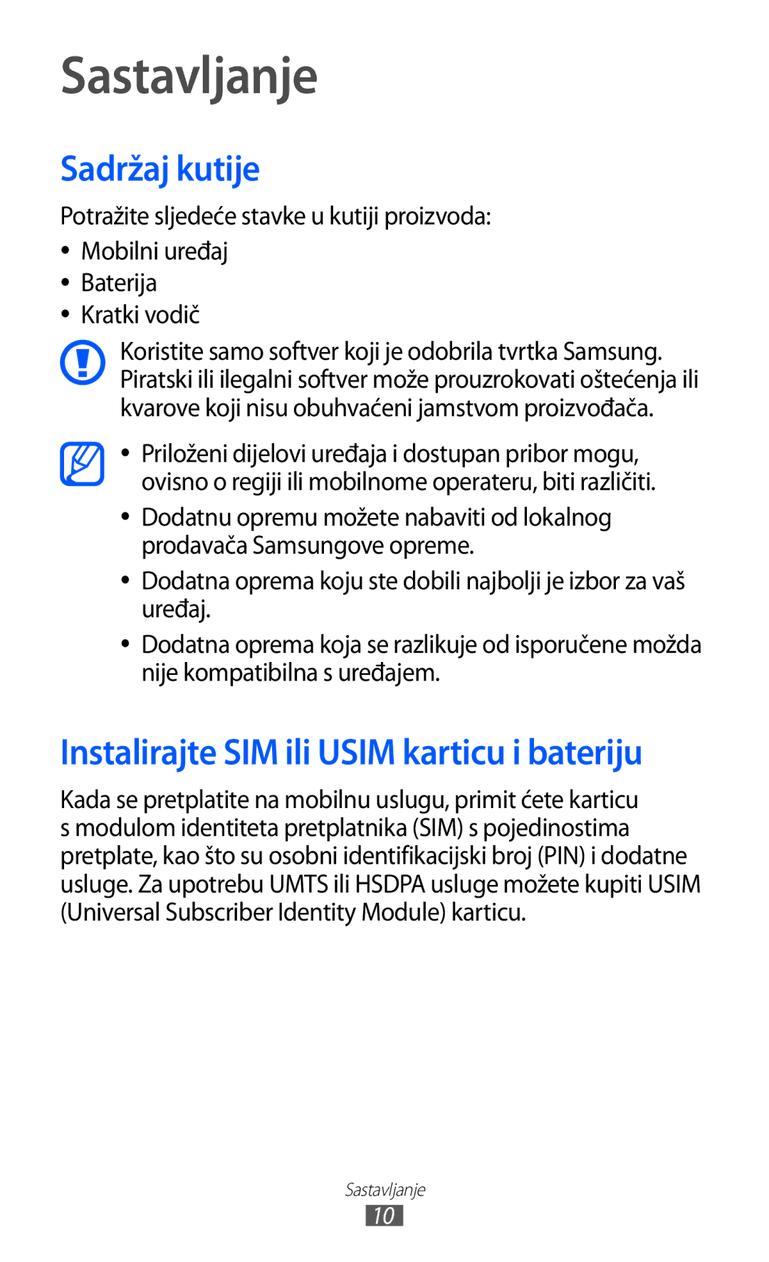 Samsung GT2S6500ZYAVIP, GT-S6500HADTWO manual Sastavljanje, Sadržaj kutije, Instalirajte SIM ili Usim karticu i bateriju 