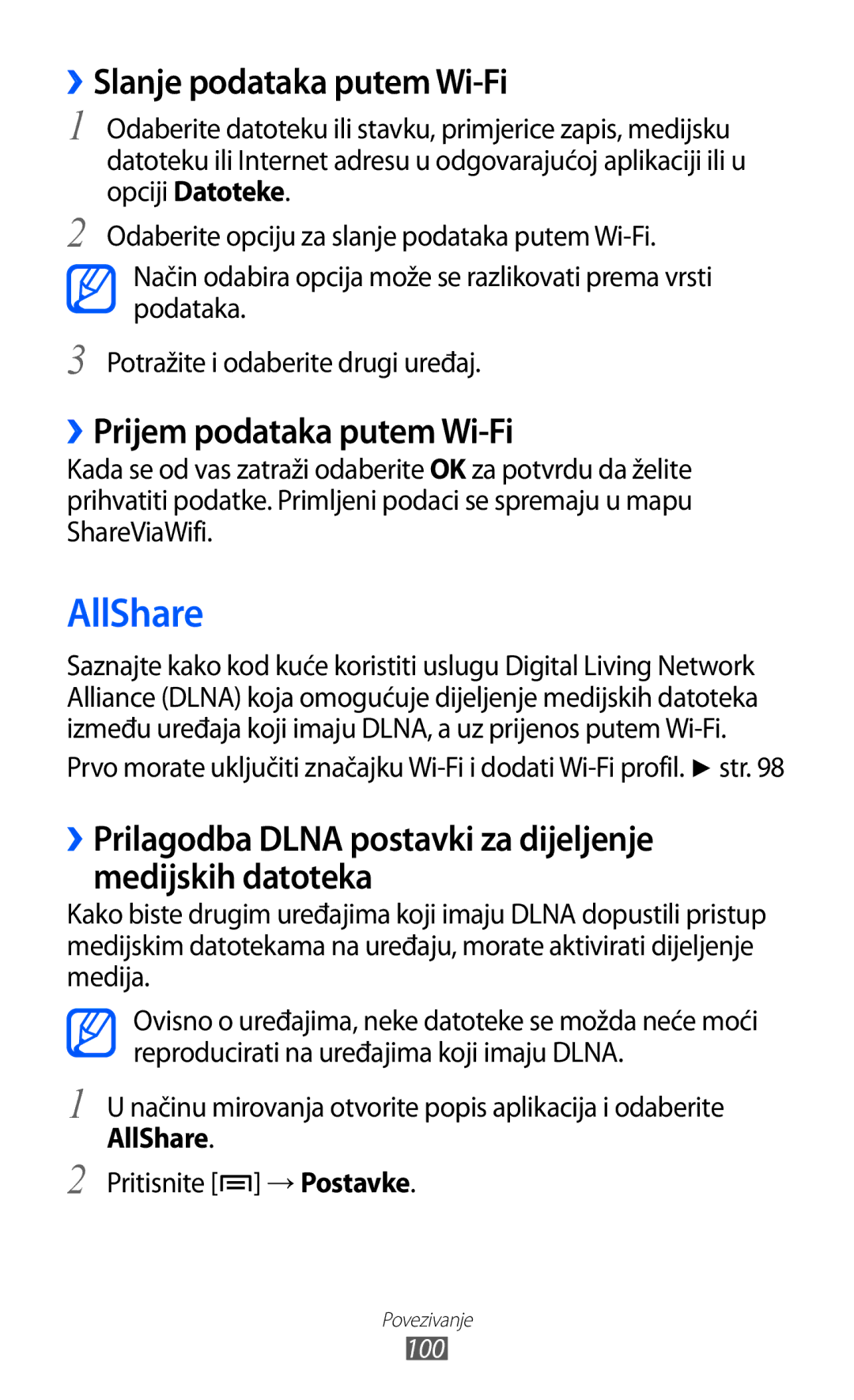 Samsung GT2S6500HADVIP, GT-S6500HADTWO manual AllShare, ››Slanje podataka putem Wi-Fi, ››Prijem podataka putem Wi-Fi 