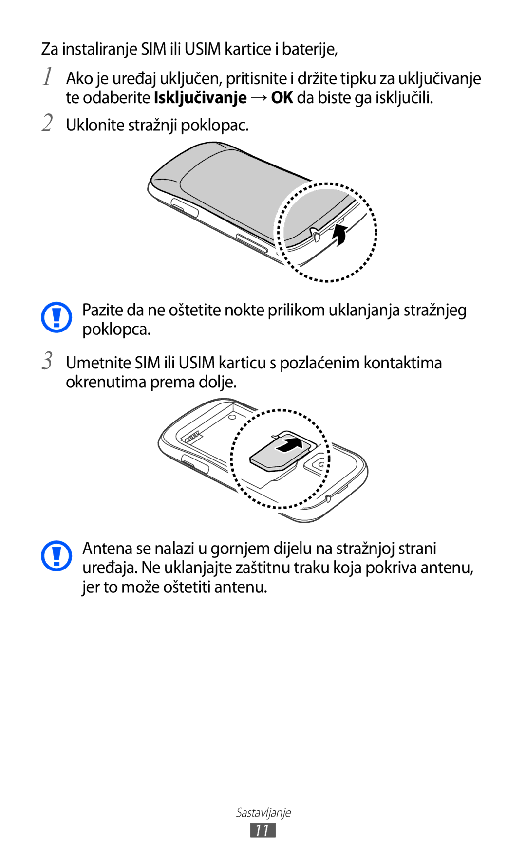 Samsung GT-S6500HADTWO, GT2S6500HADVIP, GT-S6500ZYDBON, GT-S6500HADVIP manual Za instaliranje SIM ili Usim kartice i baterije 