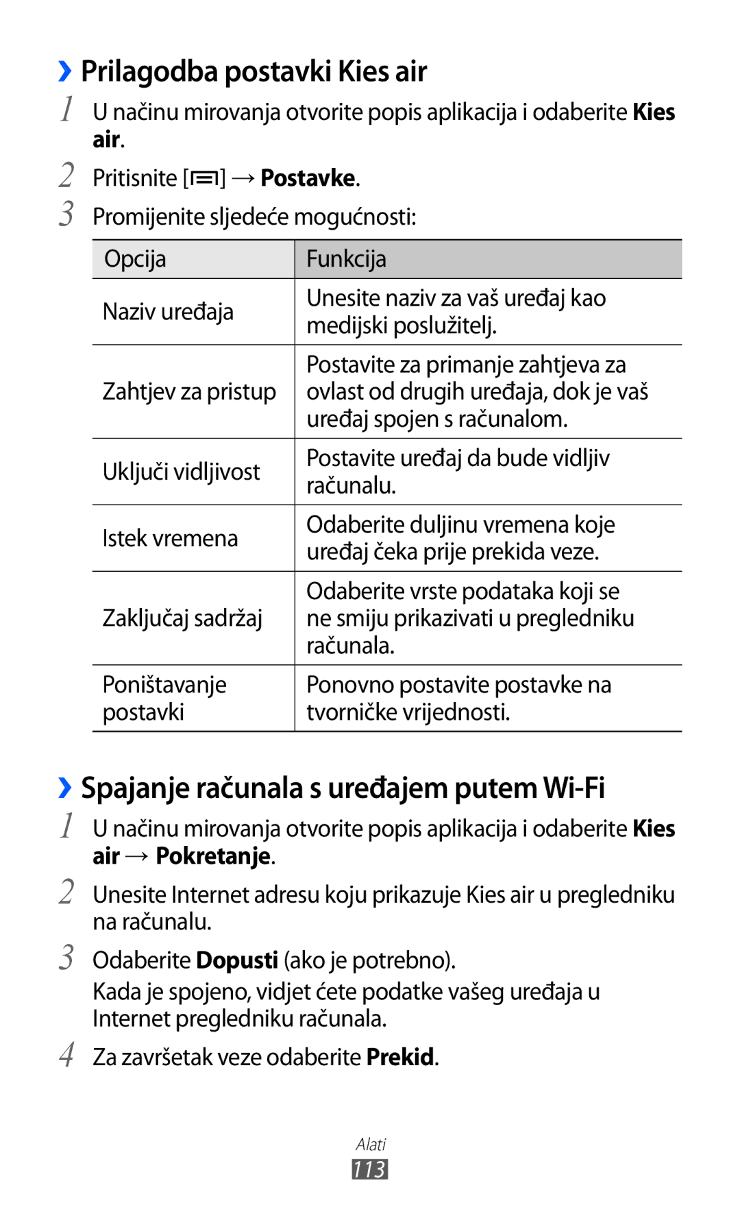 Samsung GT-S6500HADVIP, GT-S6500HADTWO ››Prilagodba postavki Kies air, ››Spajanje računala s uređajem putem Wi-Fi, Air 