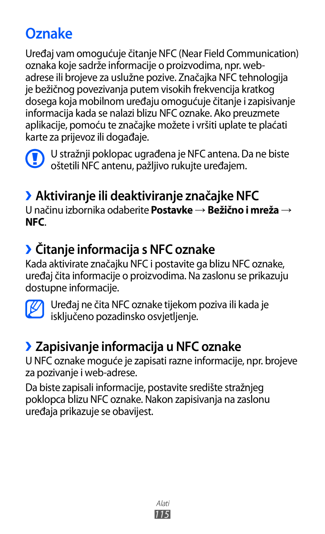 Samsung GT-S6500ZYDVIP manual Oznake, ››Aktiviranje ili deaktiviranje značajke NFC, ››Čitanje informacija s NFC oznake 