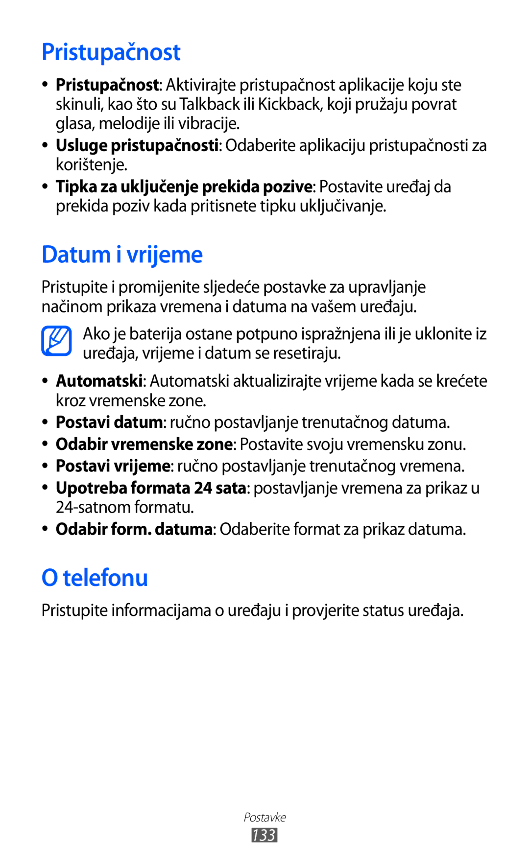 Samsung GT2S6500HADVIP, GT-S6500HADTWO, GT-S6500ZYDBON, GT-S6500HADVIP manual Pristupačnost, Datum i vrijeme, Telefonu 