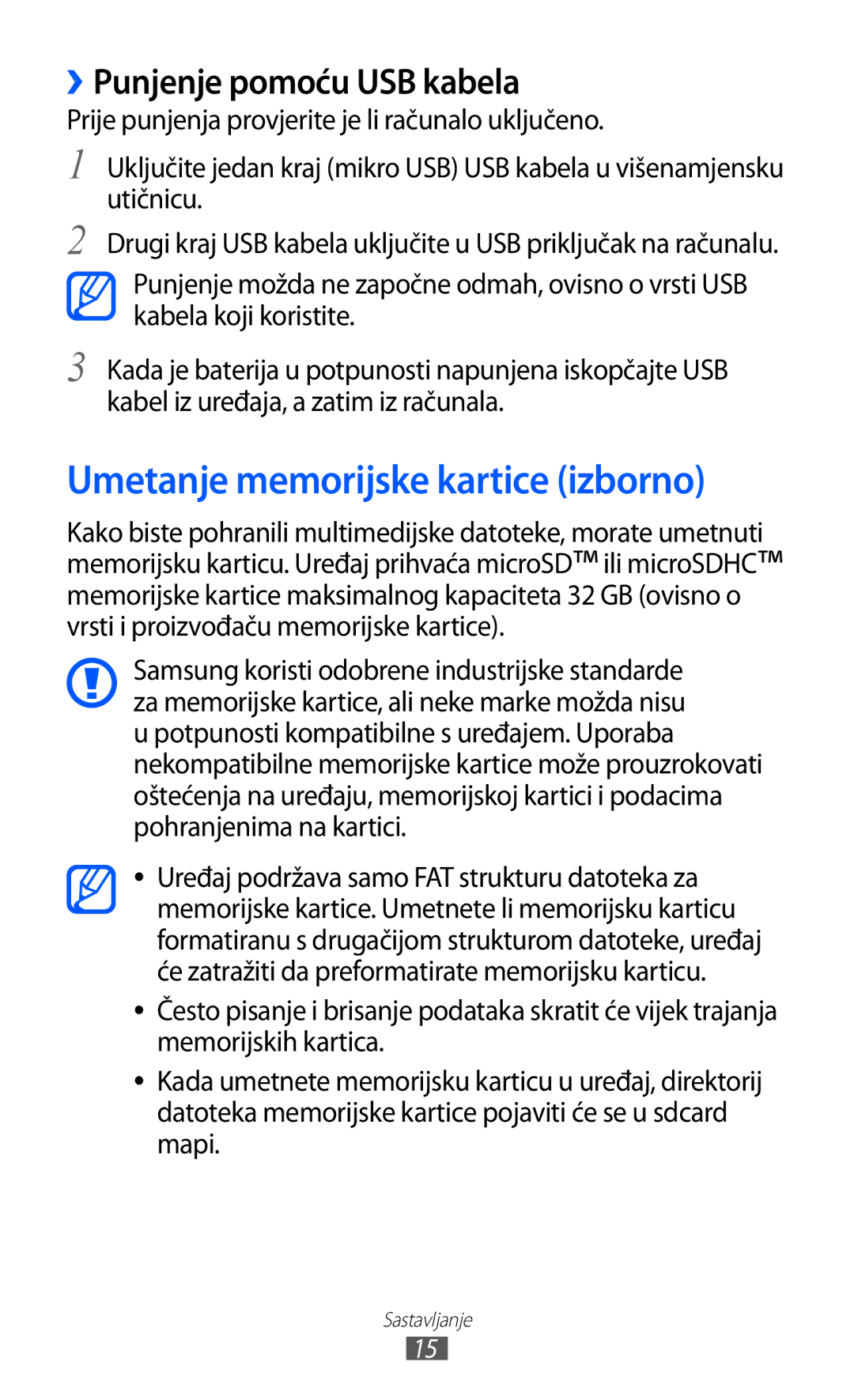 Samsung GT2S6500ZYDCRO, GT-S6500HADTWO, GT2S6500HADVIP Umetanje memorijske kartice izborno, ››Punjenje pomoću USB kabela 