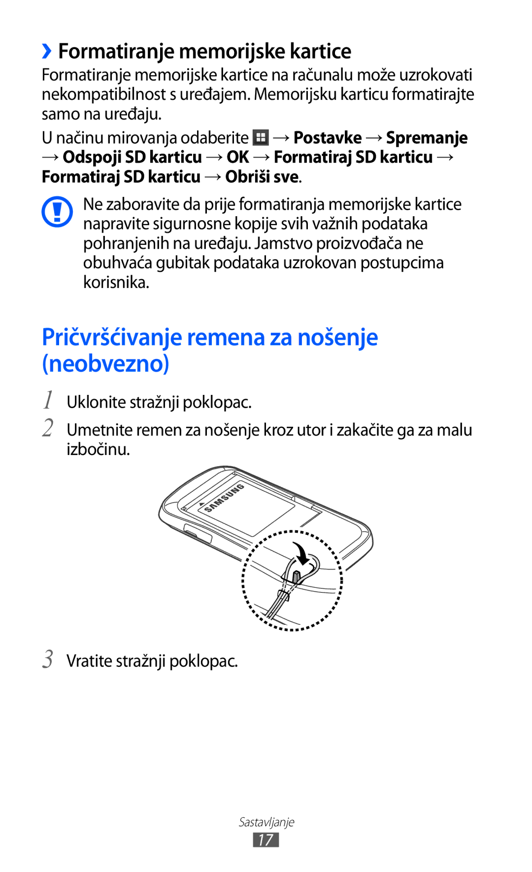 Samsung GT-S6500ZYDTSR, GT-S6500HADTWO manual Pričvršćivanje remena za nošenje neobvezno, ››Formatiranje memorijske kartice 