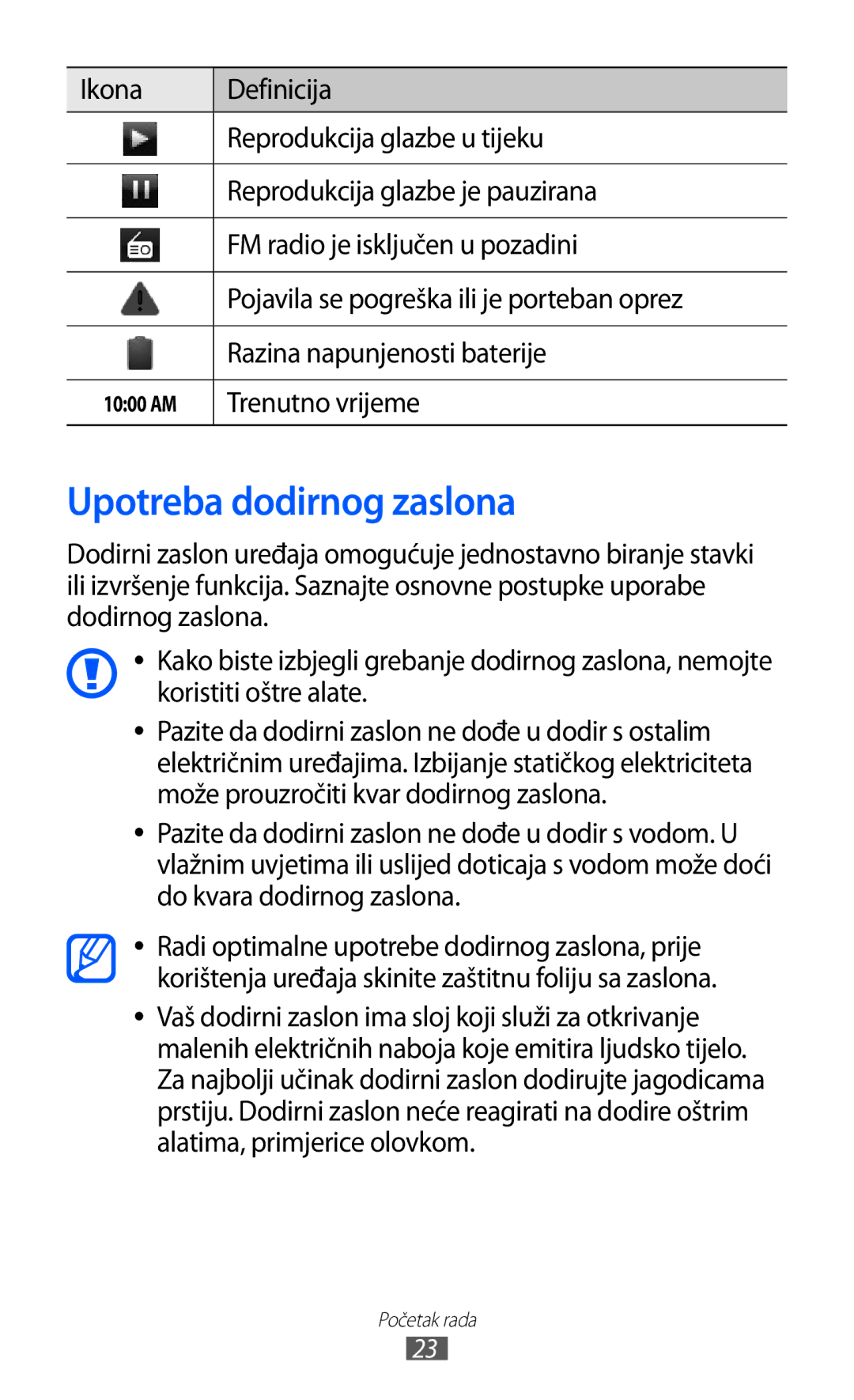 Samsung GT2S6500HADVIP, GT-S6500HADTWO, GT-S6500ZYDBON, GT-S6500HADVIP manual Upotreba dodirnog zaslona, Trenutno vrijeme 