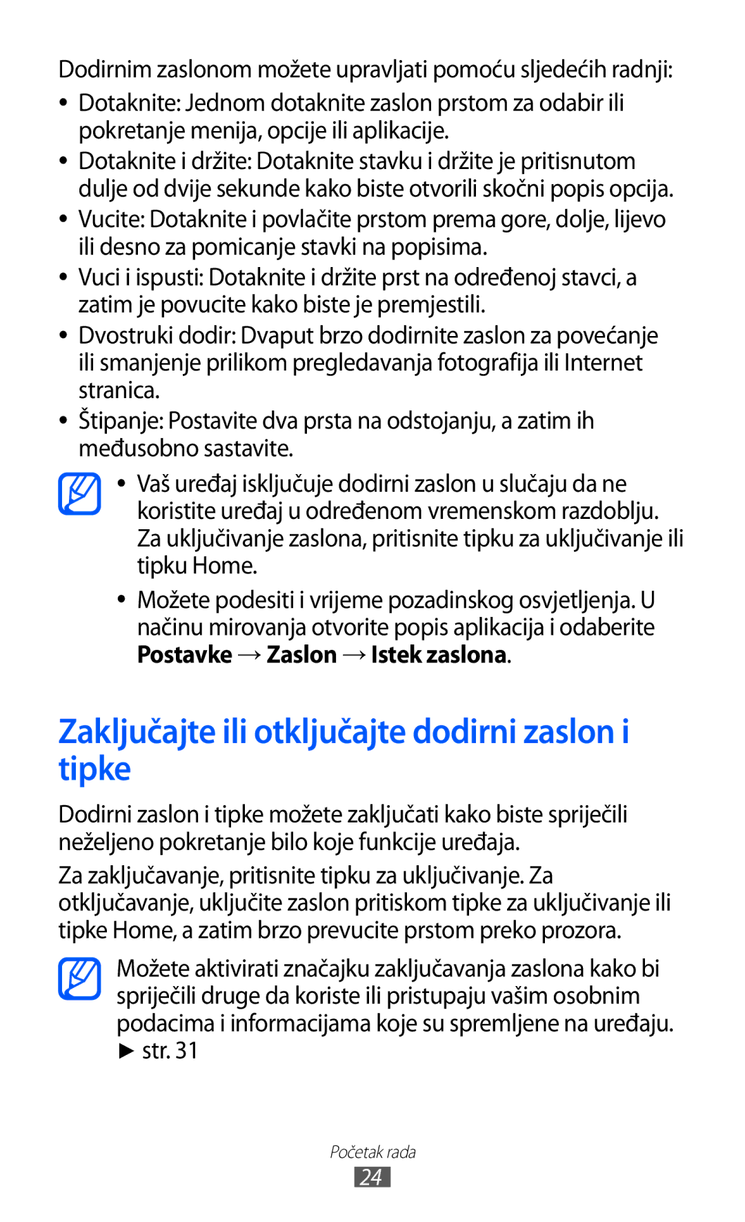 Samsung GT-S6500ZYDBON manual Zaključajte ili otključajte dodirni zaslon i tipke, Postavke → Zaslon → Istek zaslona, Str 