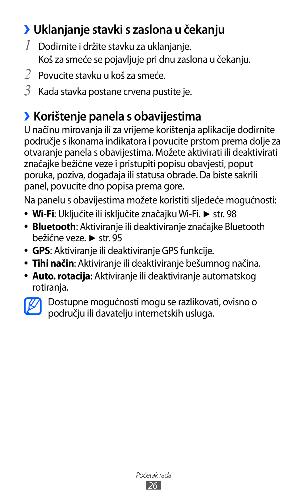 Samsung GT2S6500ZYDCRO, GT-S6500HADTWO manual ››Uklanjanje stavki s zaslona u čekanju, ››Korištenje panela s obavijestima 