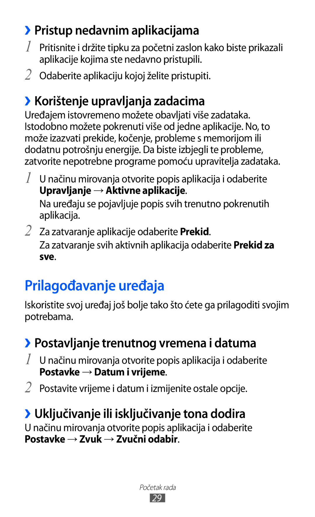 Samsung GT-S6500ZYAVIP manual Prilagođavanje uređaja, ››Pristup nedavnim aplikacijama, ››Korištenje upravljanja zadacima 