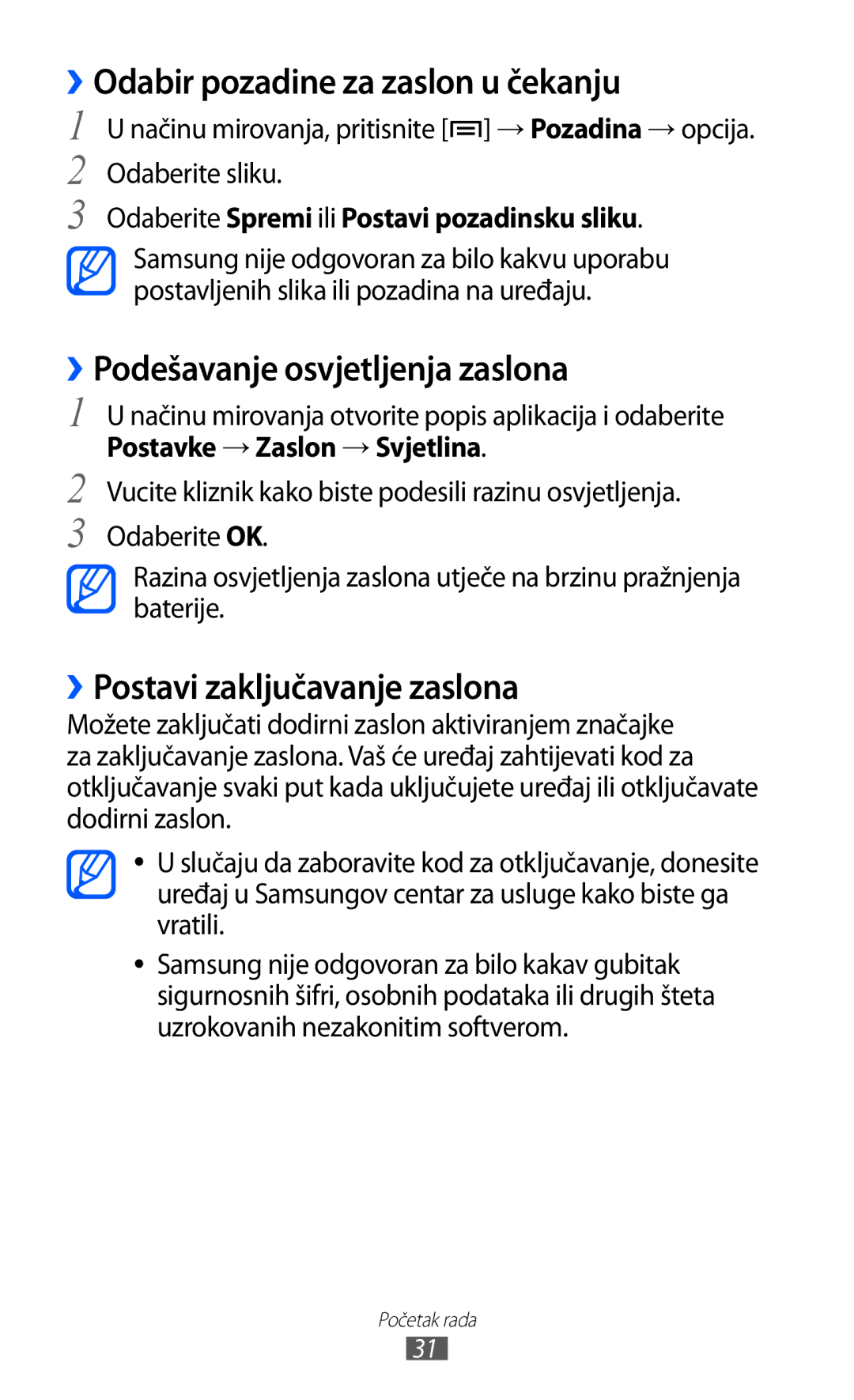 Samsung GT-S6500ZYDCRO, GT-S6500HADTWO manual ››Odabir pozadine za zaslon u čekanju, ››Podešavanje osvjetljenja zaslona 