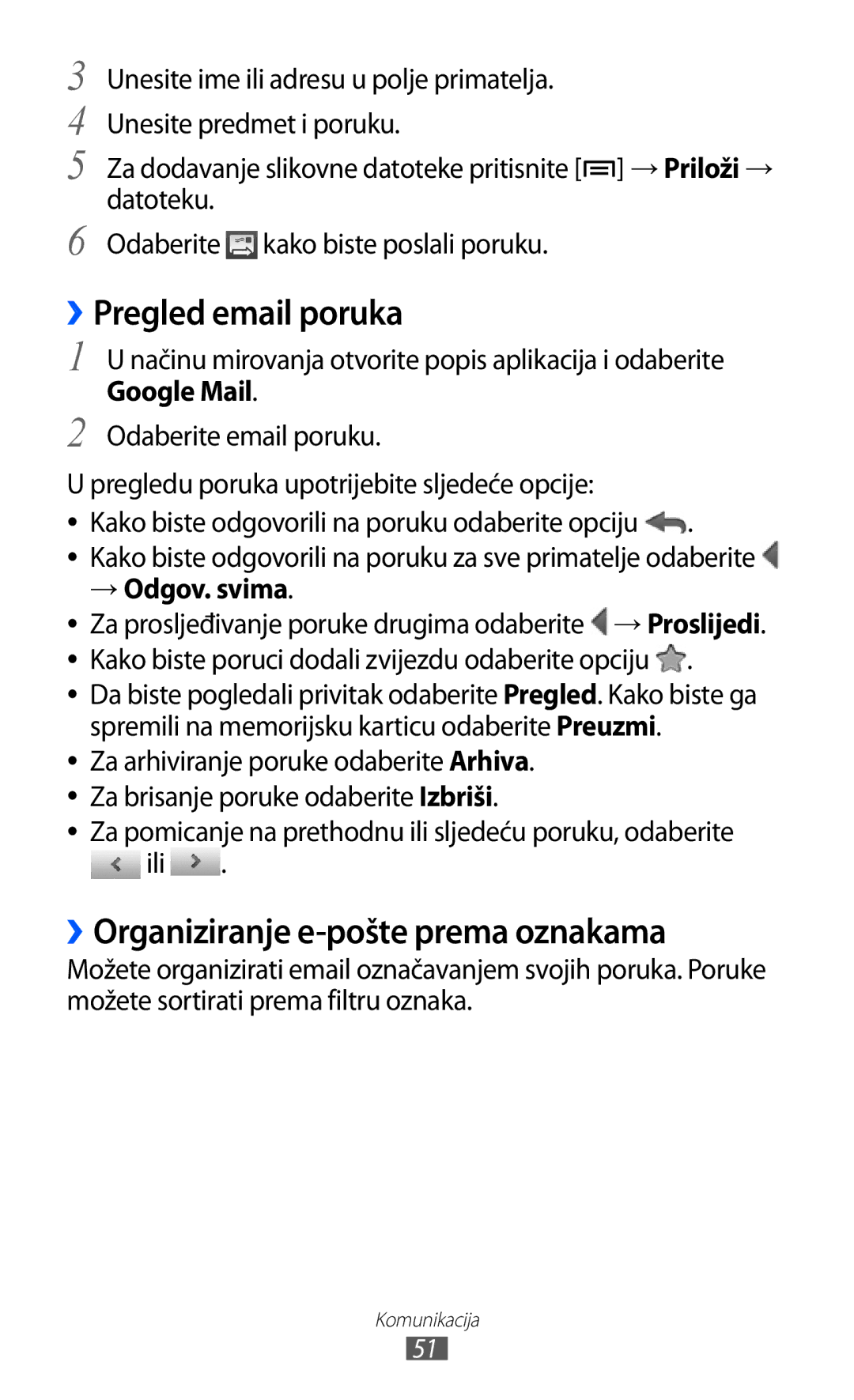 Samsung GT-S6500ZYAVIP manual ››Pregled email poruka, ››Organiziranje e-pošte prema oznakama, Google Mail, → Odgov. svima 