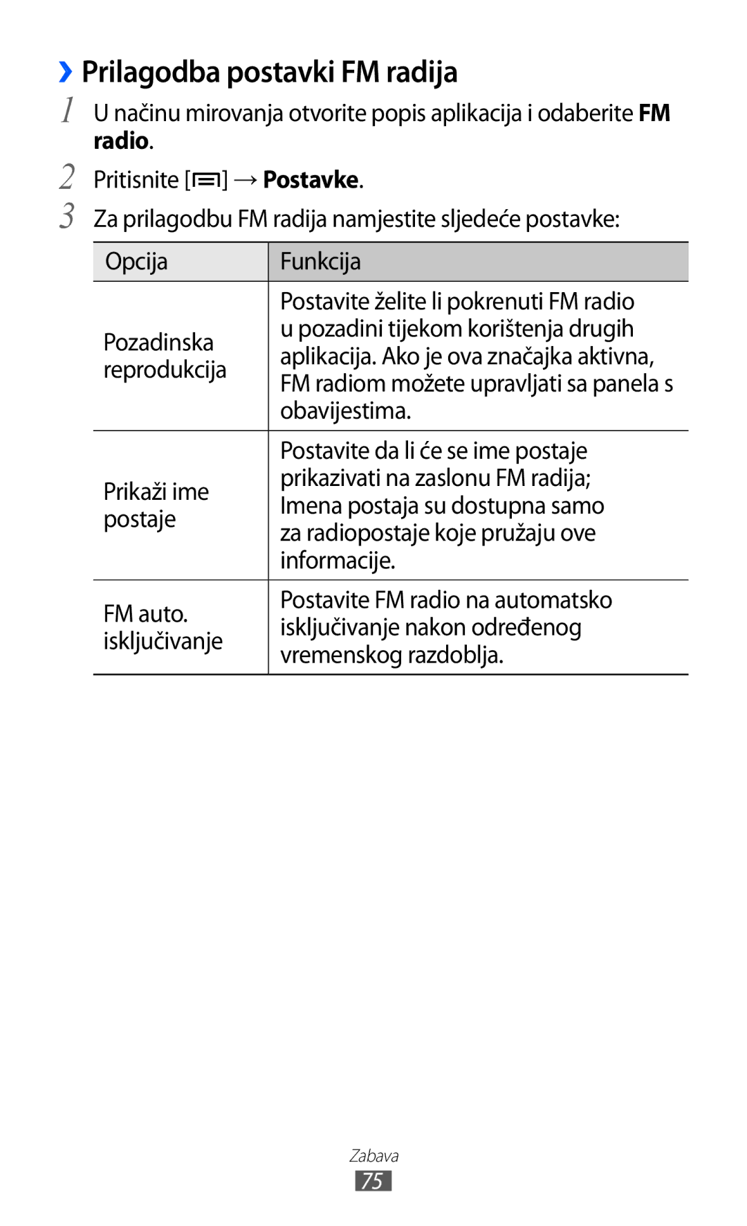 Samsung GT-S6500ZYDCRO ››Prilagodba postavki FM radija, Reprodukcija, Obavijestima, Postavite da li će se ime postaje 