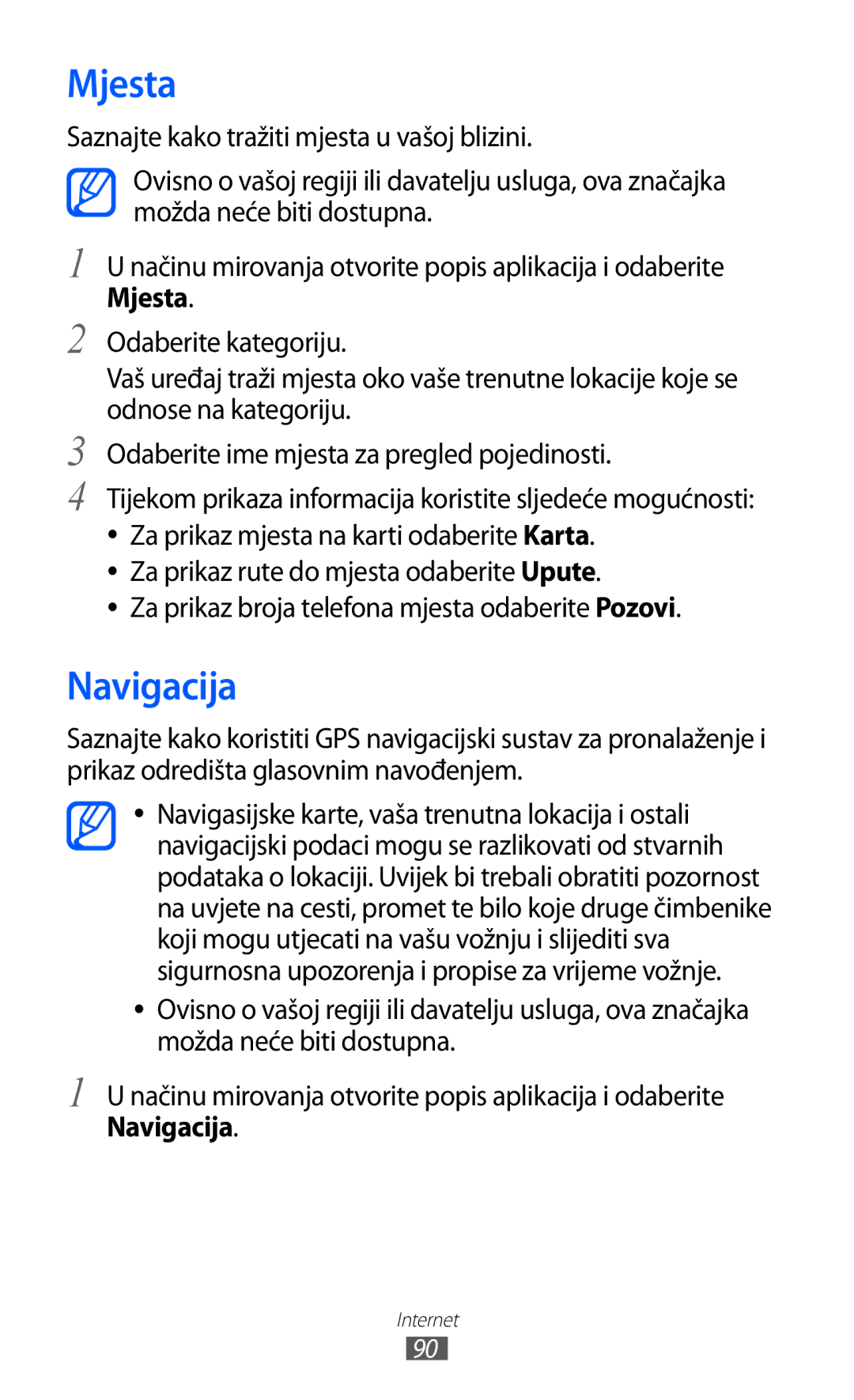 Samsung GT-S6500ZYDBON, GT-S6500HADTWO, GT2S6500HADVIP, GT-S6500HADVIP, GT2S6500ZYDCRO, GT-S6500ZYDVIP manual Mjesta, Navigacija 