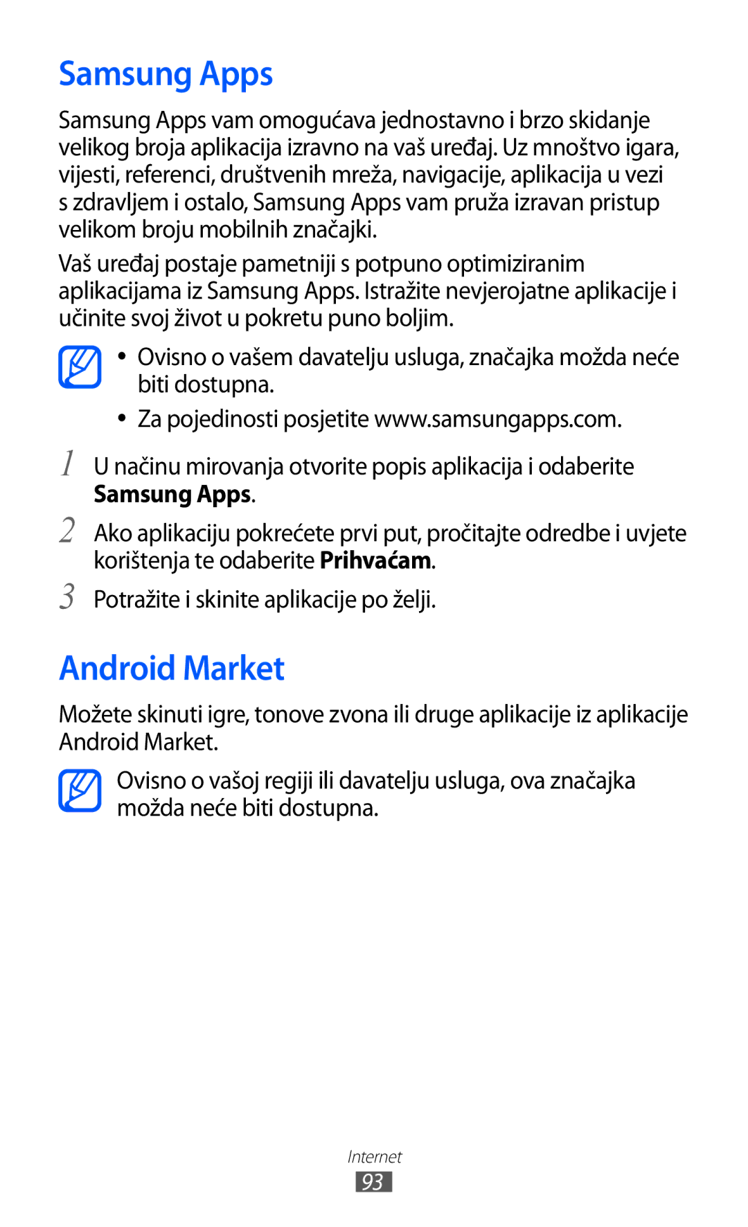 Samsung GT-S6500ZYDVIP, GT-S6500HADTWO, GT2S6500HADVIP, GT-S6500ZYDBON, GT-S6500HADVIP manual Samsung Apps, Android Market 