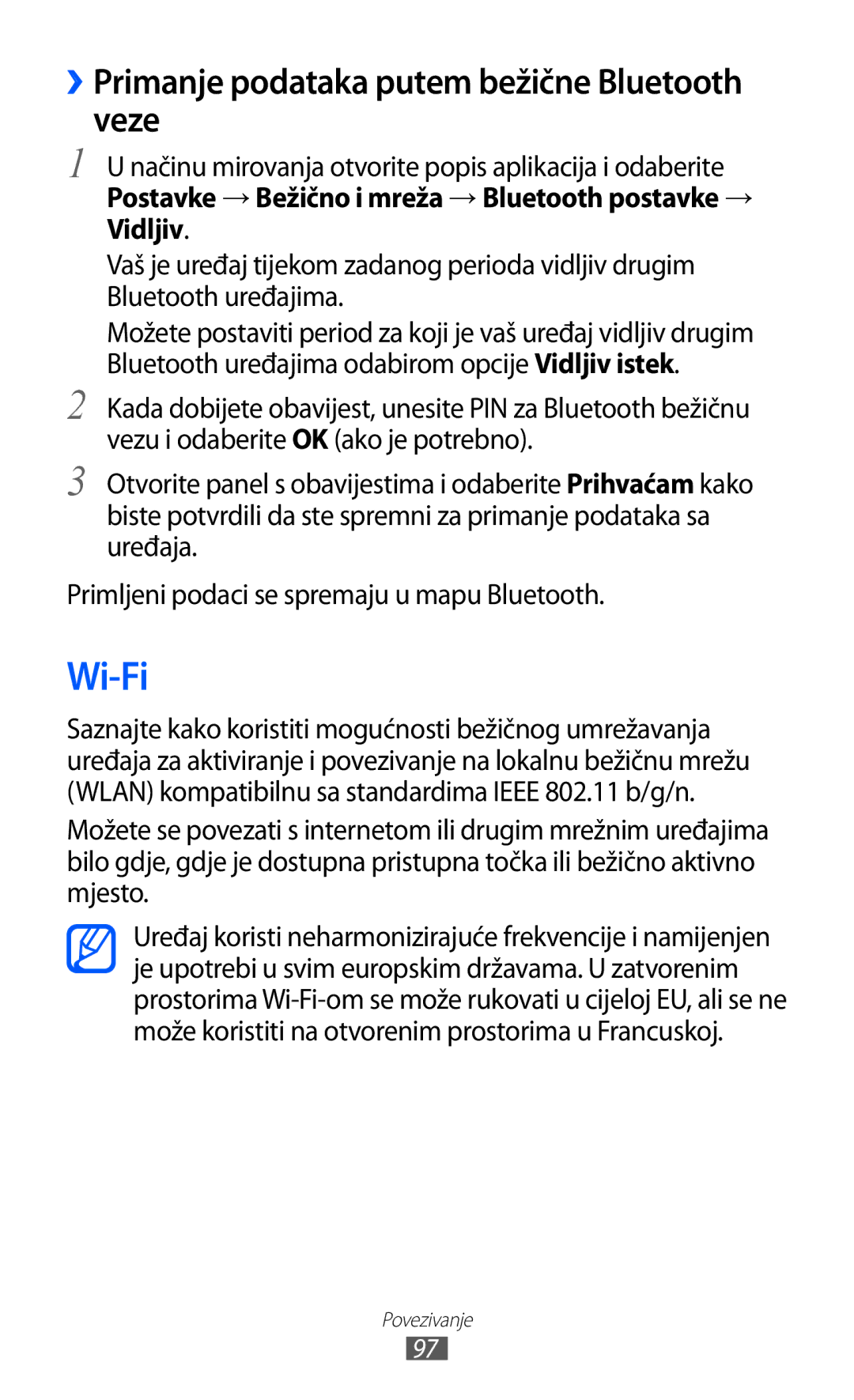 Samsung GT-S6500ZYDCRO, GT-S6500HADTWO, GT2S6500HADVIP manual Wi-Fi, ››Primanje podataka putem bežične Bluetooth veze 