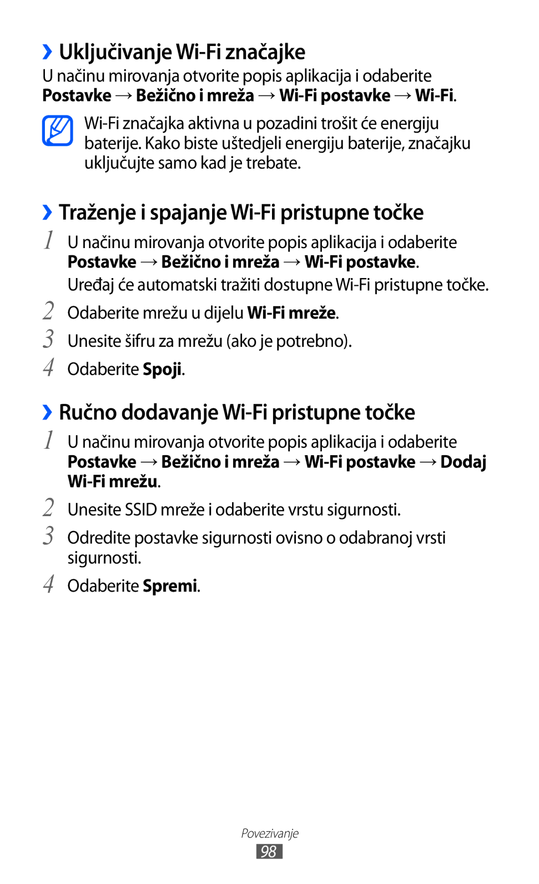 Samsung GT2S6500ZYAVIP, GT-S6500HADTWO manual ››Uključivanje Wi-Fi značajke, ››Traženje i spajanje Wi-Fi pristupne točke 