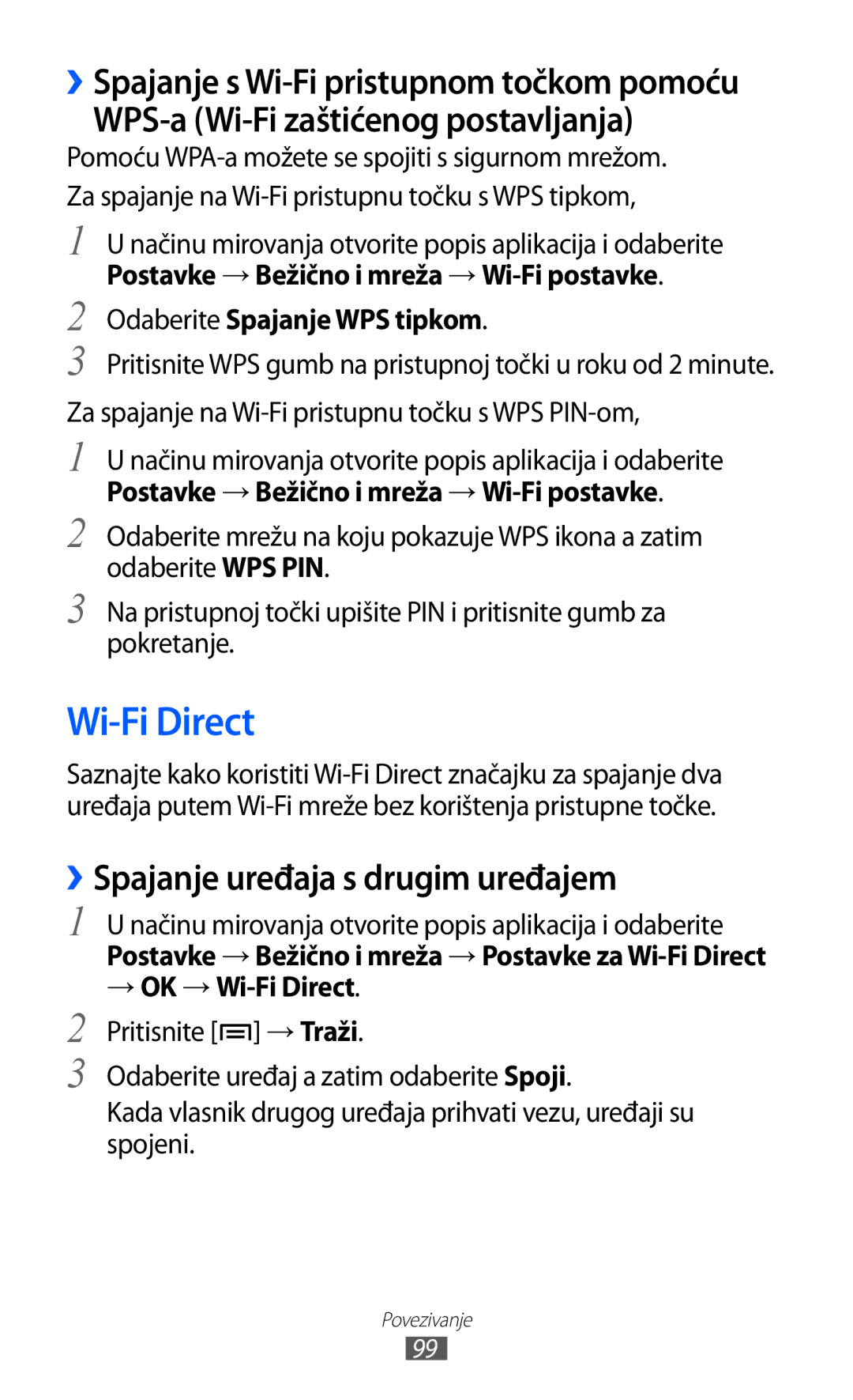 Samsung GT-S6500HADTWO manual Wi-Fi Direct, WPS-a Wi-Fi zaštićenog postavljanja, ››Spajanje uređaja s drugim uređajem 