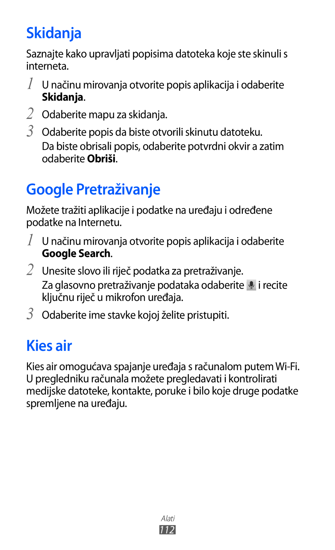 Samsung GT2S6500HADVIP, GT-S6500HADTWO, GT-S6500ZYDBON, GT-S6500HADVIP manual Skidanja, Google Pretraživanje, Kies air 