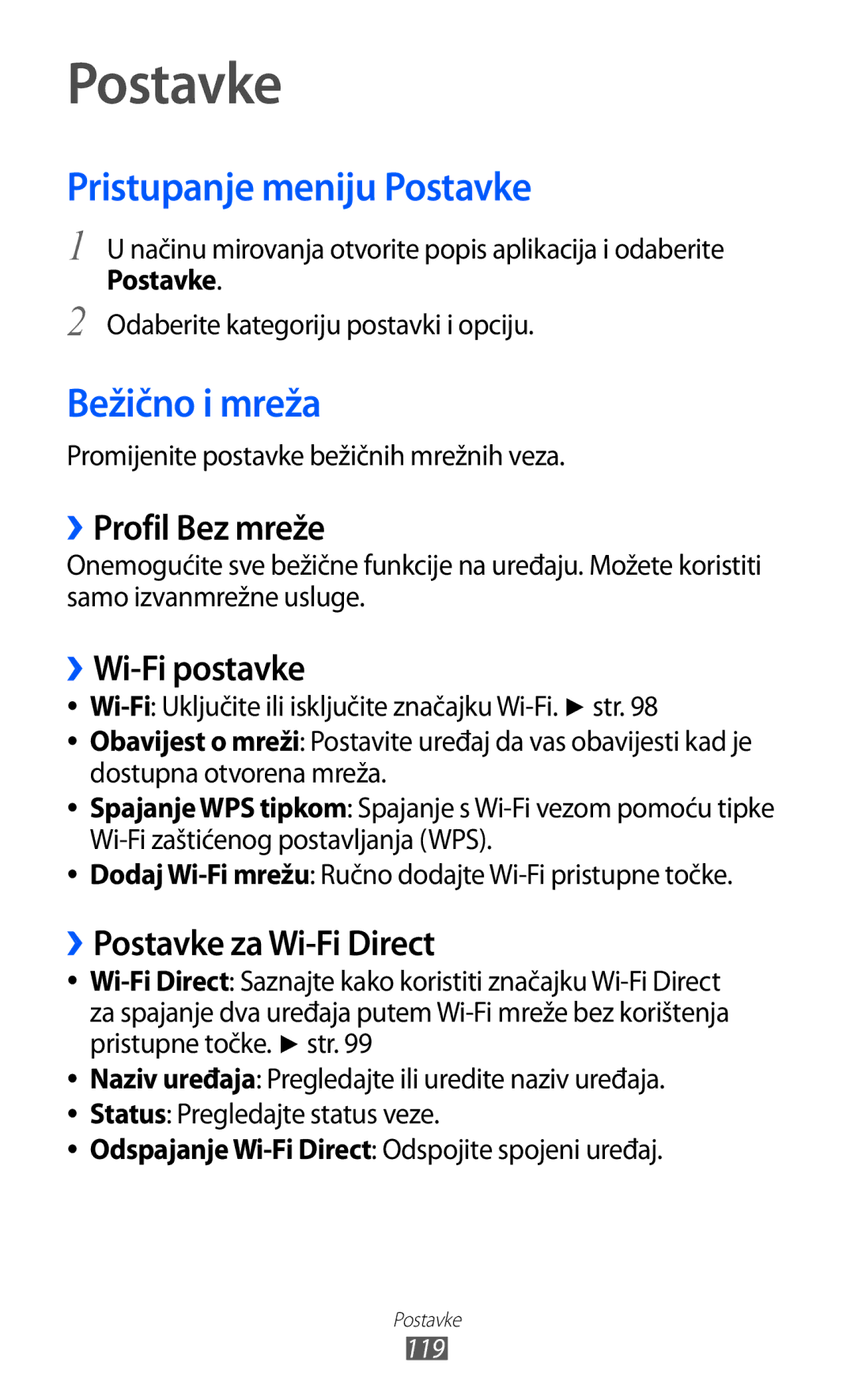 Samsung GT-S6500HADTWO, GT2S6500HADVIP, GT-S6500ZYDBON, GT-S6500HADVIP manual Pristupanje meniju Postavke, Bežično i mreža 