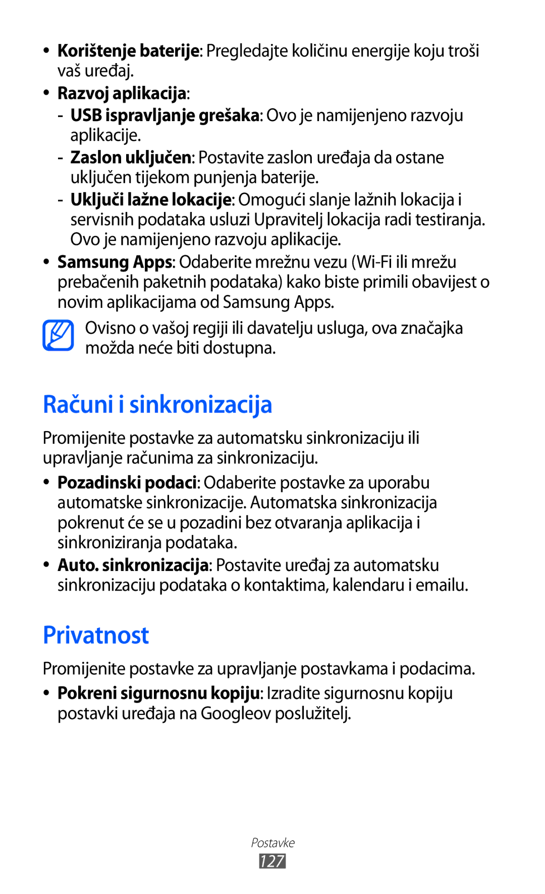 Samsung GT-S6500HADTWO, GT2S6500HADVIP, GT-S6500ZYDBON manual Računi i sinkronizacija, Privatnost, Razvoj aplikacija 