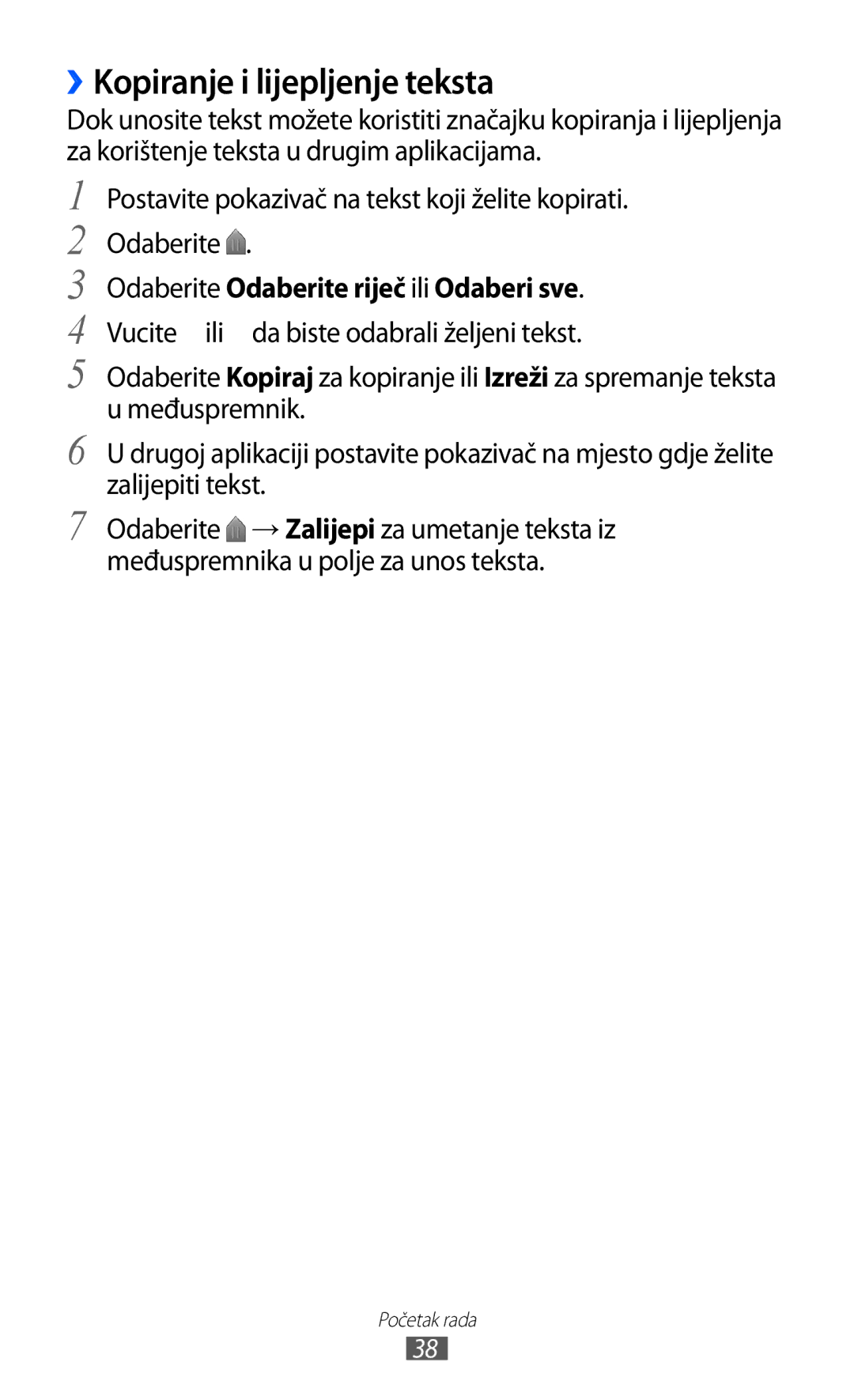 Samsung GT-S6500ZYDCRO, GT-S6500HADTWO manual ››Kopiranje i lijepljenje teksta, Odaberite Odaberite riječ ili Odaberi sve 