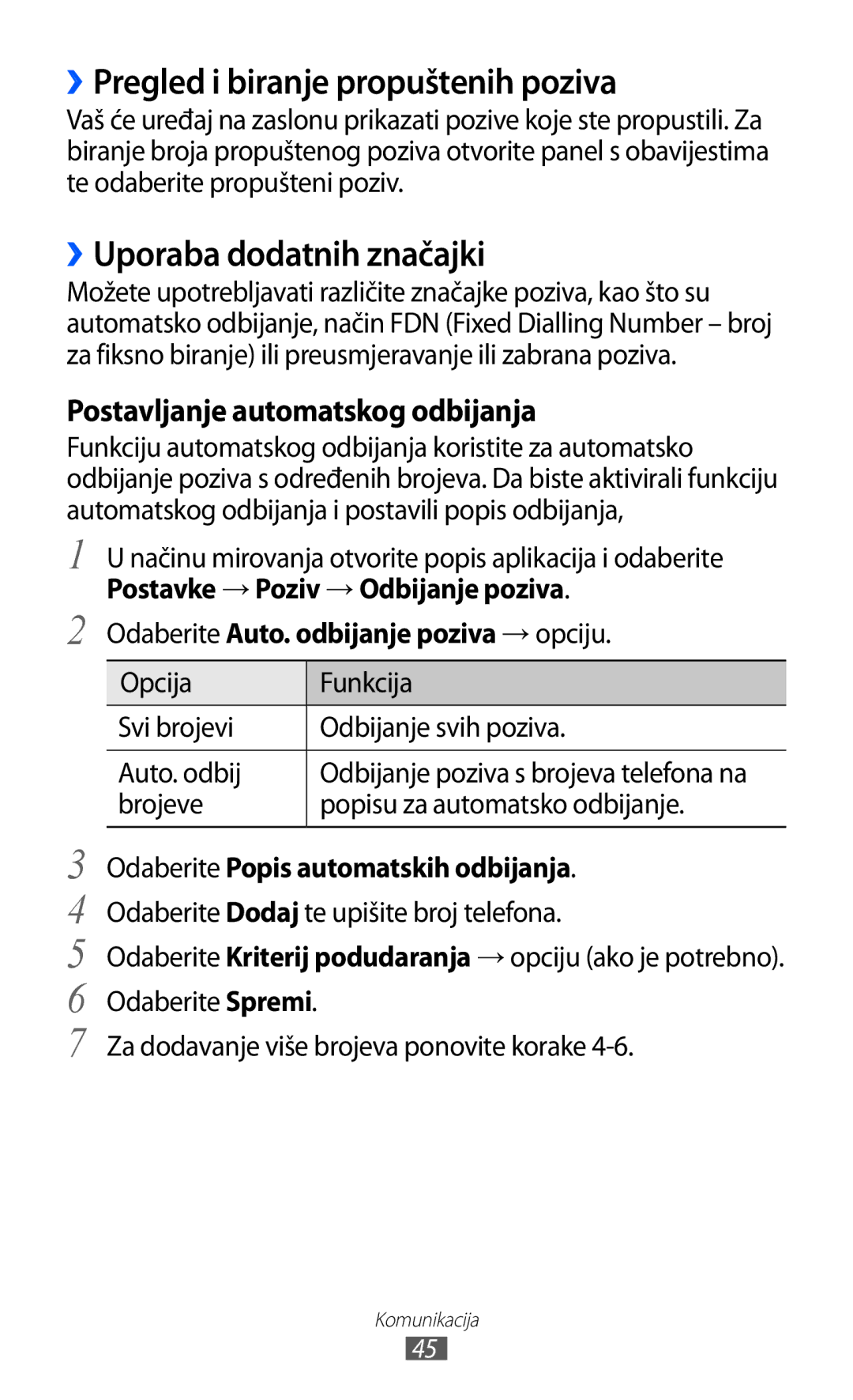 Samsung GT-S6500ZYDTSR, GT-S6500HADTWO, GT2S6500HADVIP ››Pregled i biranje propuštenih poziva, ››Uporaba dodatnih značajki 