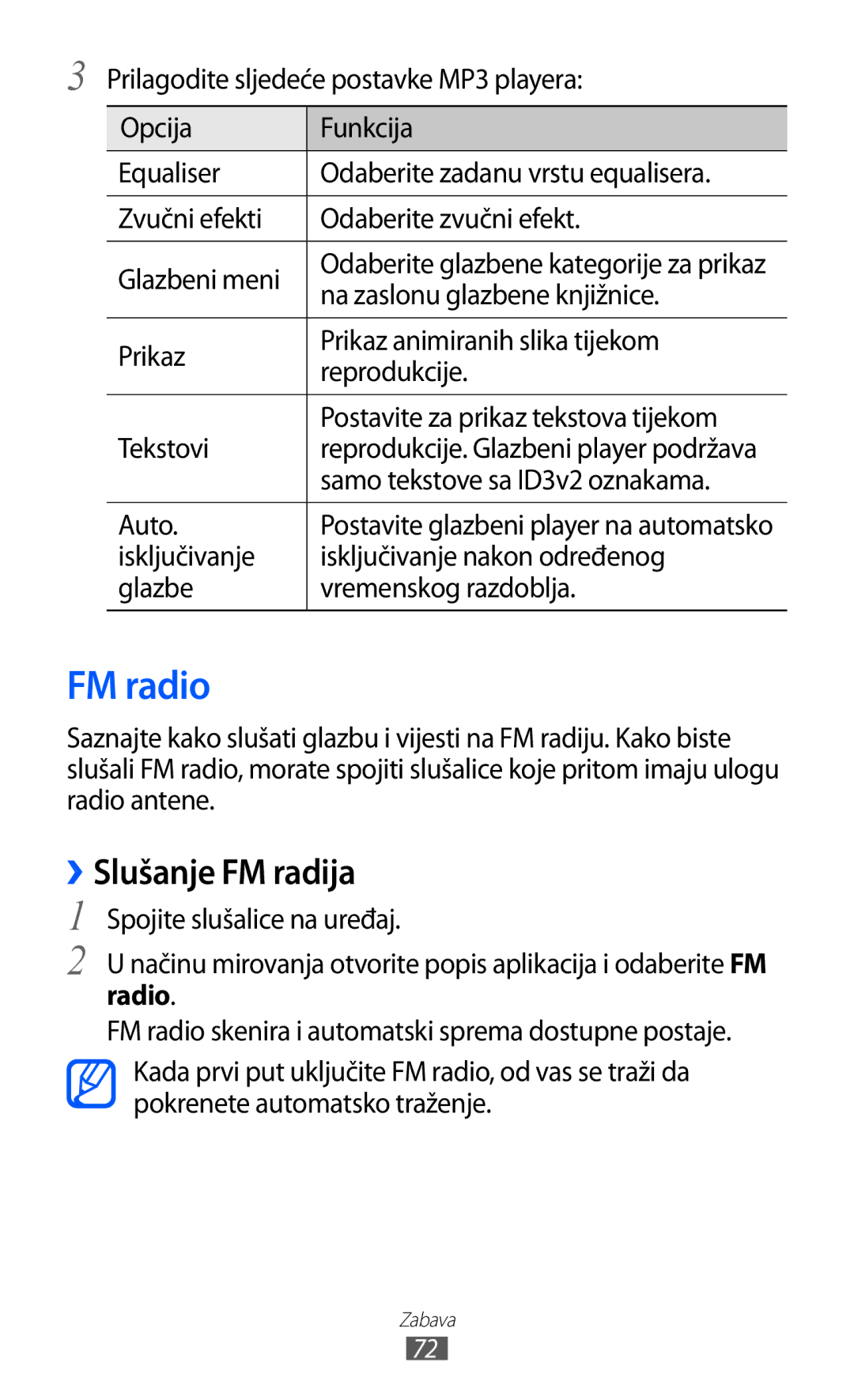 Samsung GT2S6500HADVIP FM radio, ››Slušanje FM radija, Na zaslonu glazbene knjižnice, Samo tekstove sa ID3v2 oznakama 