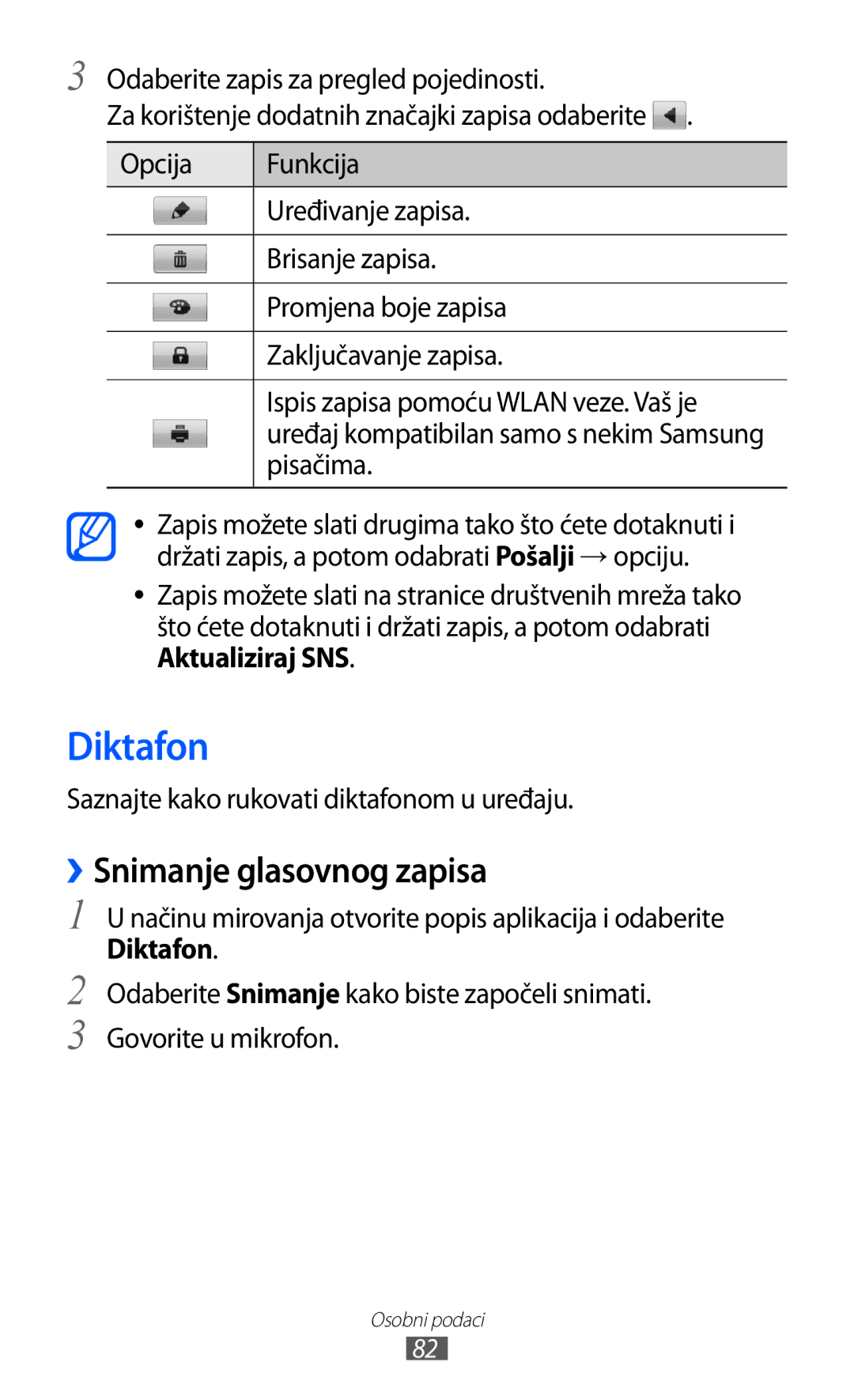 Samsung GT-S6500HADVIP manual Diktafon, ››Snimanje glasovnog zapisa, Pisačima, Saznajte kako rukovati diktafonom u uređaju 