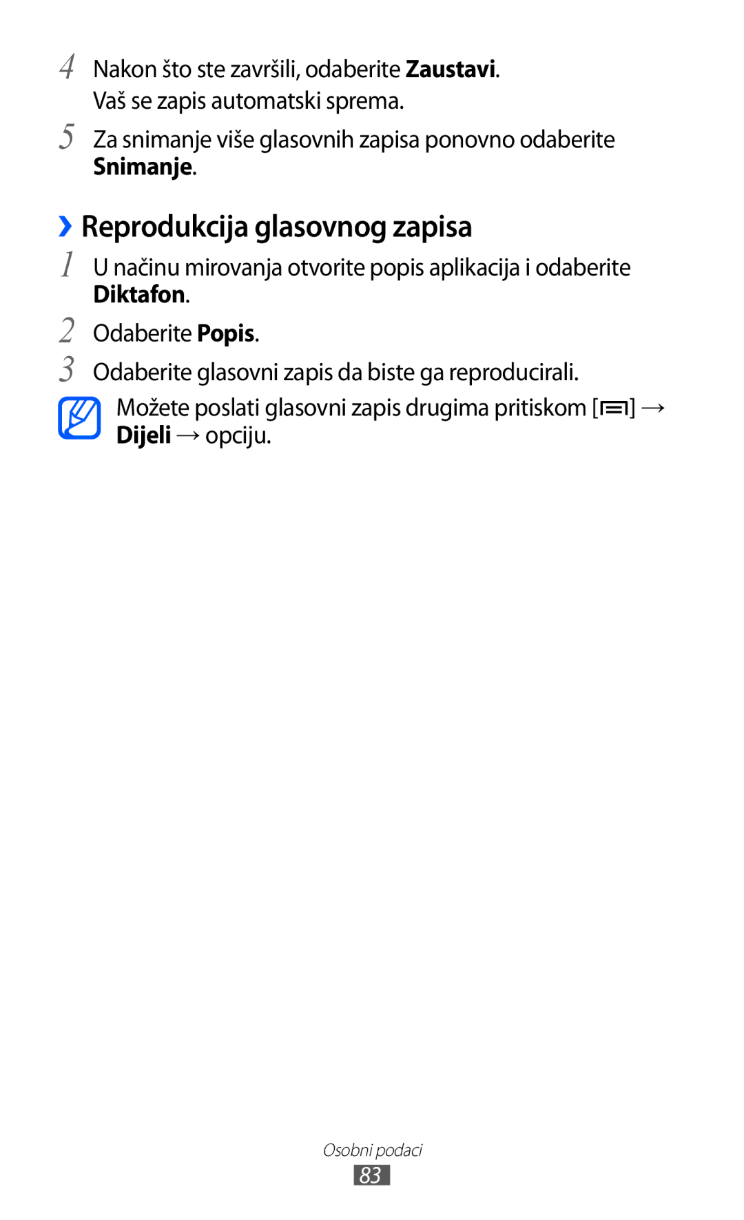 Samsung GT2S6500ZYDCRO ››Reprodukcija glasovnog zapisa, Za snimanje više glasovnih zapisa ponovno odaberite, Snimanje 