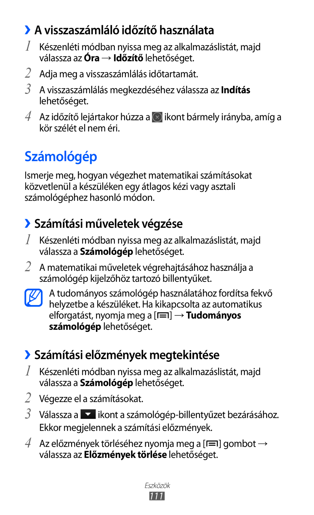 Samsung GT-S6500XKGMOB manual Számológép, ››A visszaszámláló időzítő használata, ››Számítási műveletek végzése, 111 