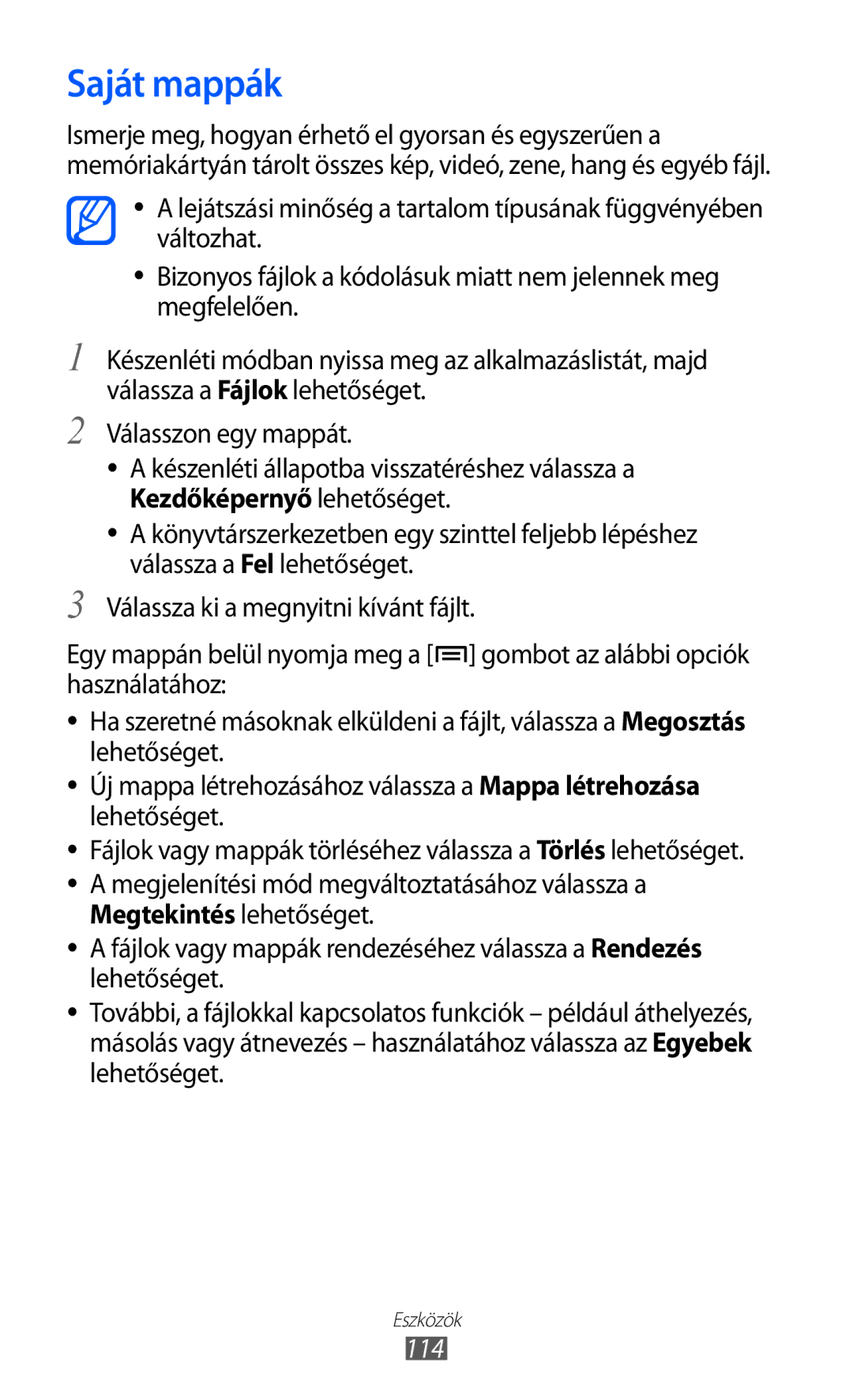 Samsung GT-S6500XKATMZ, GT-S6500RWAVGR, GT-S6500XKAVGR, GT-S6500ZYADBT, GT-S6500ZYDXEO, GT-S6500XKASWR manual Saját mappák, 114 